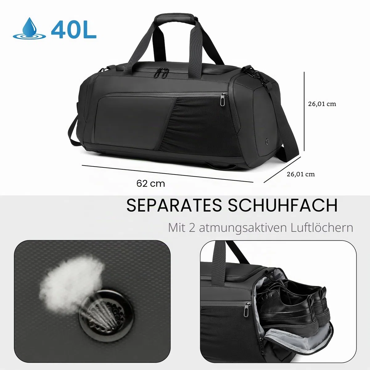 Sporttasche Herren Reisetasche 40L Sporttaschen mit Schuhfach Nassfach Wasserdicht Trainingstasche mit Rucksack Weekender Travel Gym Tasche Duffle Bag Fitnesstasche für Herren Damen