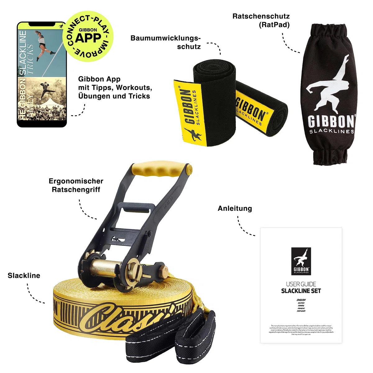 ClassicLine Komplett-Set inkl. Baumschutz | 15m & 25m | TÜV Geprüft | Balance und Spaß mit Trampolin-Effekt | Ergonomische Ratsche | Perfekt für Anfänger und Fortgeschrittene