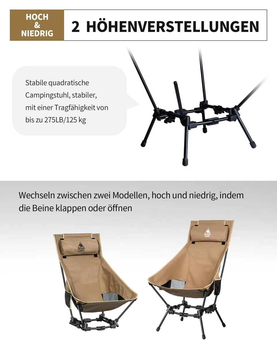 OneTigris DRAGONHIDE Campingstuhl Hochlehner faltbar 125 kg, Klappstuhl Camping leicht, Angelstuhl klappbar mit 2 Seitentaschen, Faltstuhl Ultraleicht für Outdoor, Wandern