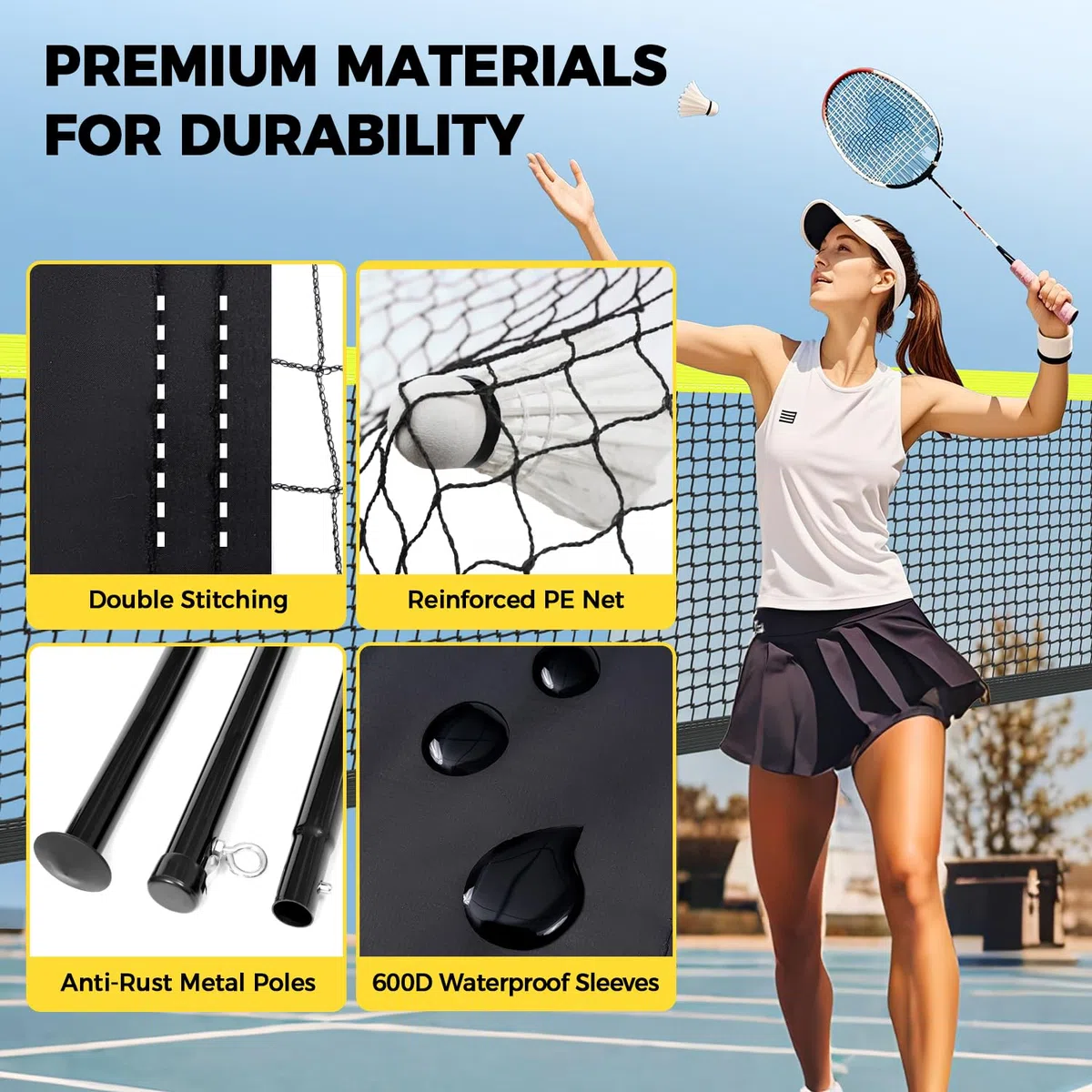 BAGAIL Professionelles Badmintonnetz-Set, TurnierschANDARD 6,1m x 1,55m, Allwettertauglich PE-Netz, 5-Minuten-Montage, Mit 4 Schlägern, 3 Schittern und Tragetasche
