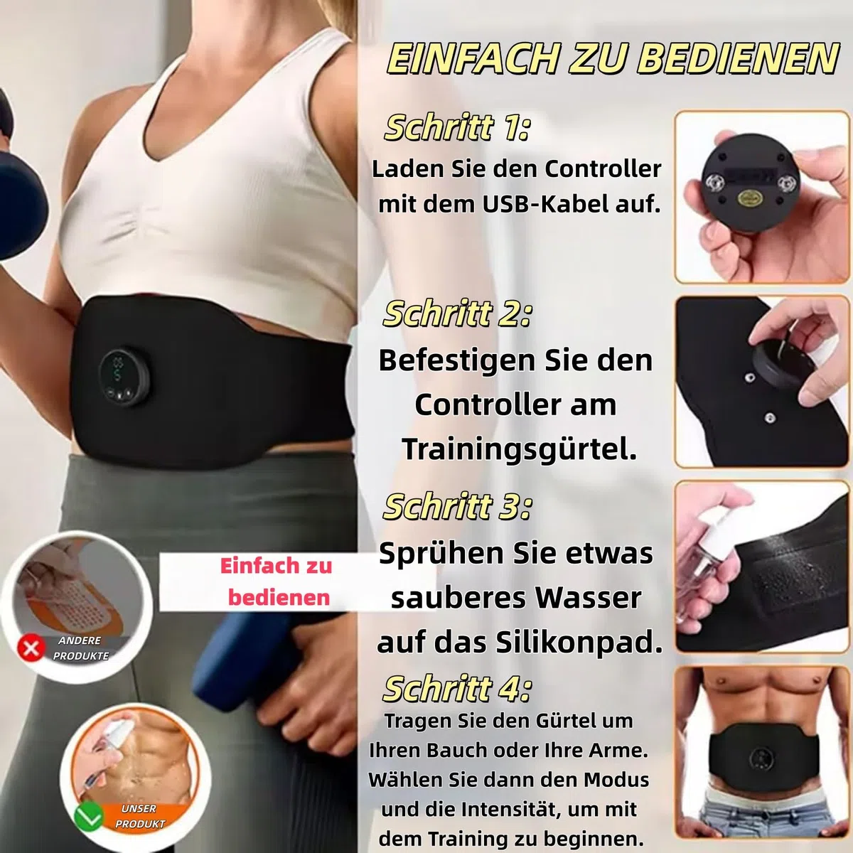 Apeborn Nächste Generation Ultrastarker EMS-Muskel & Bauchmuskeltrainer, 3er-Set EMS-Bauchtrainingsgerät,12 Trainingsprogramme&19 Intensitätsstufen,USB-aufladbar,Geeignet für Bauch und Arme
