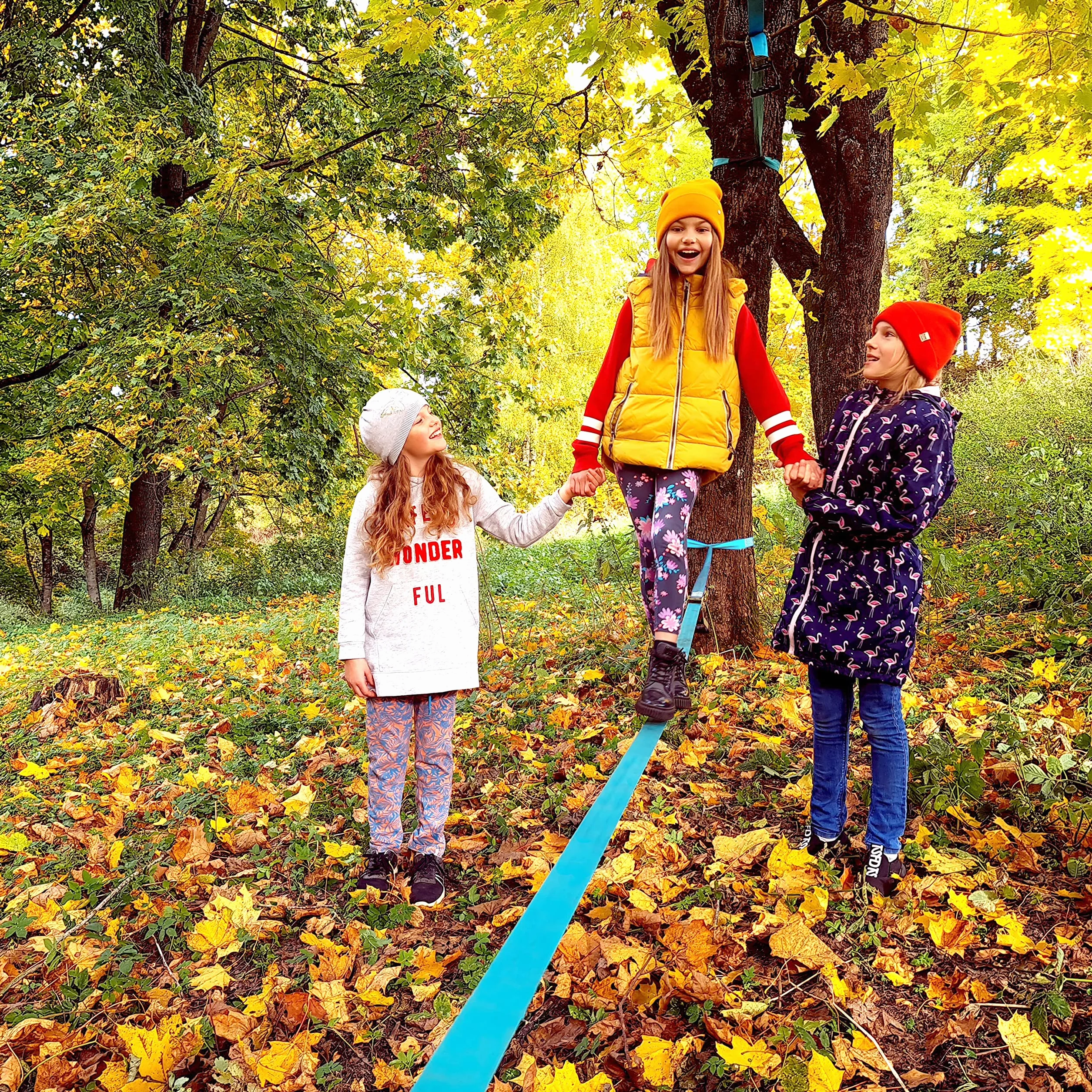 Slackline für Gleichgewichtstraining 50 'mit Hochleistungs-Industrieratsche, Baumschutzband und Tragetasche - Slack Lines für den Garten - Ninja Slackline Support -Geschenkset für Kinder (Türkis)