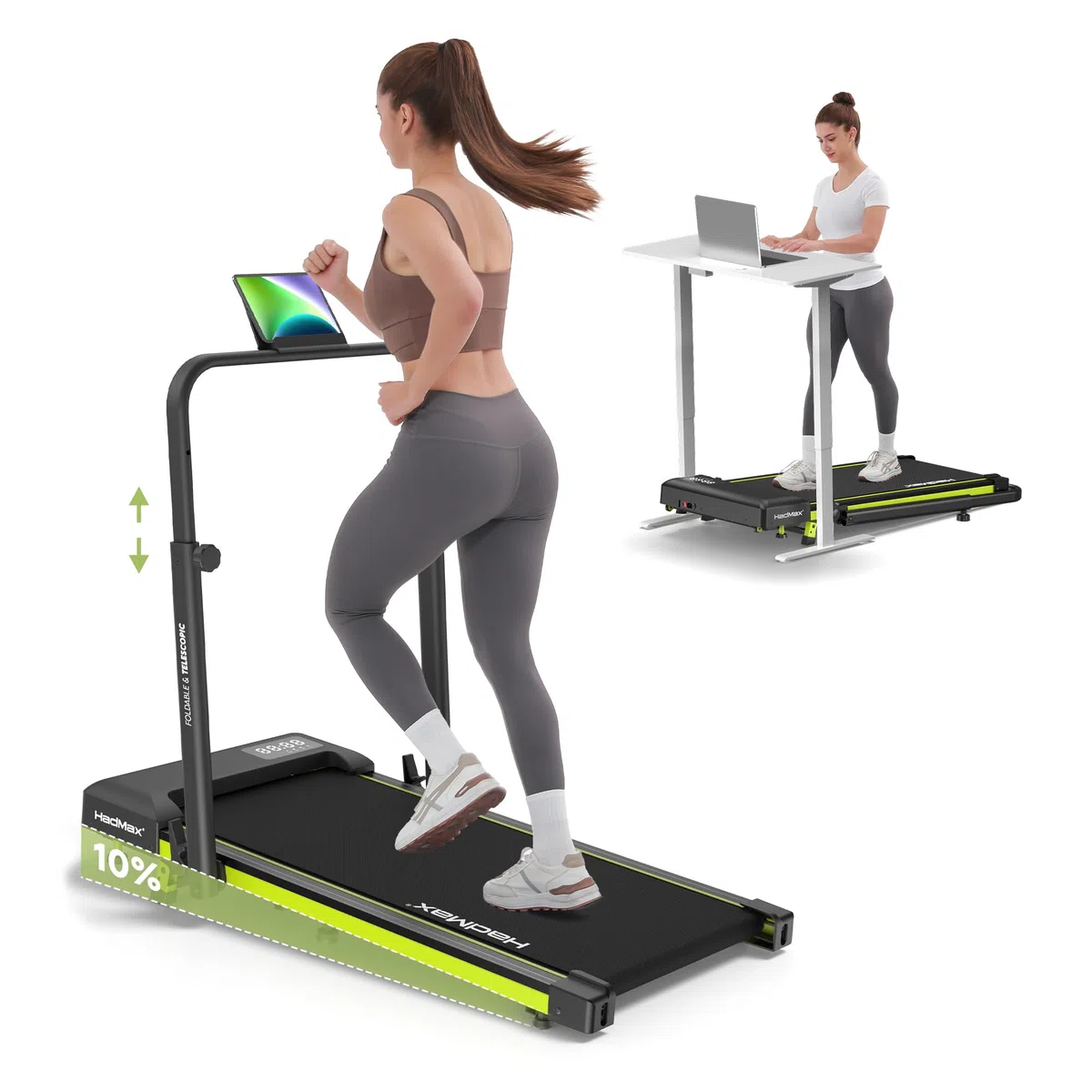 Walking Pad mit 10% Steigung 3,0 HP Laufband für Zuhause klappbares mit Magnet Fernbedienung,Laufband-Schreibtisch mit LED-Anzeige und Einziehbares Steigrohr,12 HIIT,Bis 136 kg