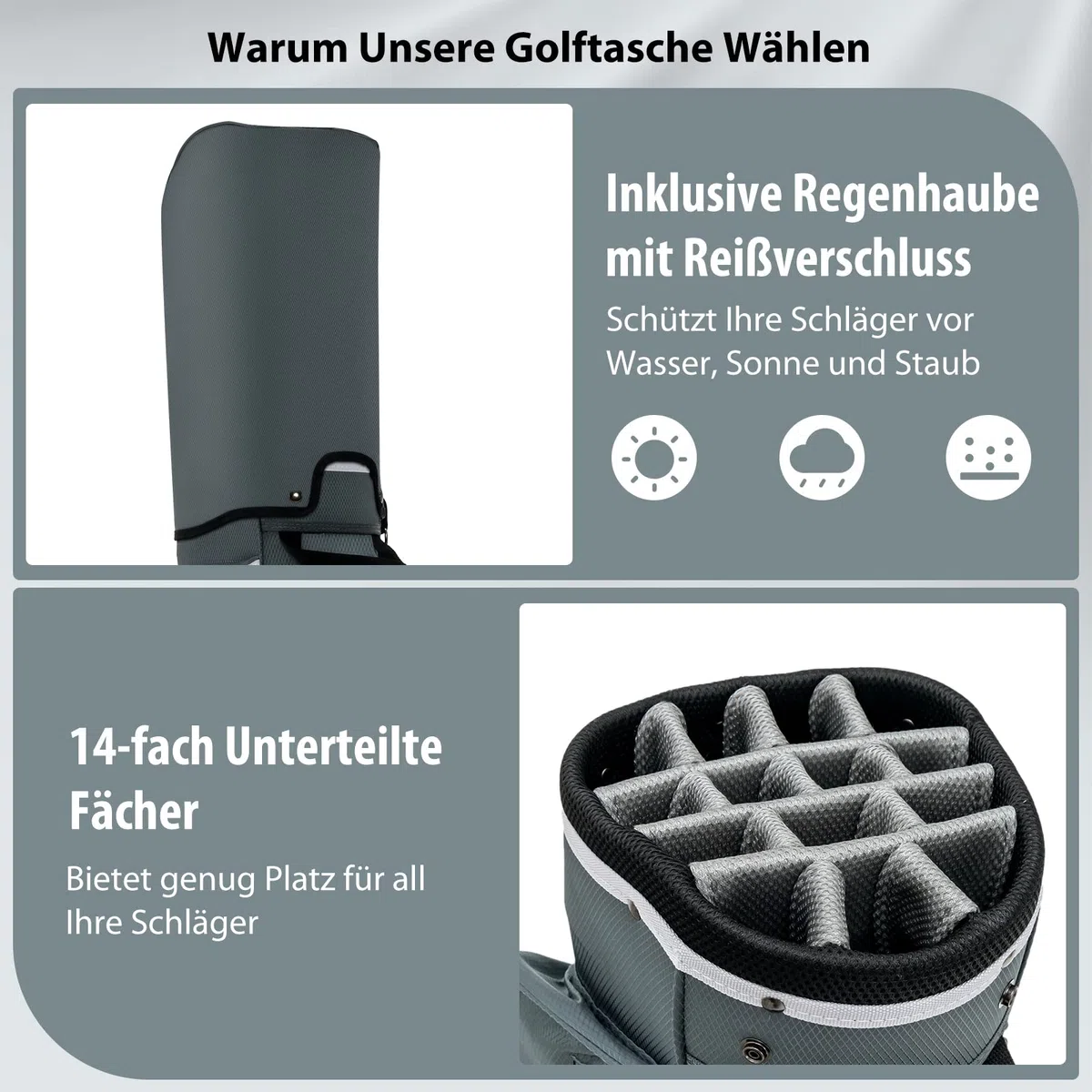 COSTWAY Golfbag, leichtes Golf Cart Bag, mit Regenhaube, 14er Einteilung von Schlägerfach, auch zur Nutzung auf Golf Trolley und Golf Cart, 7/8 Reißverschlusstaschen