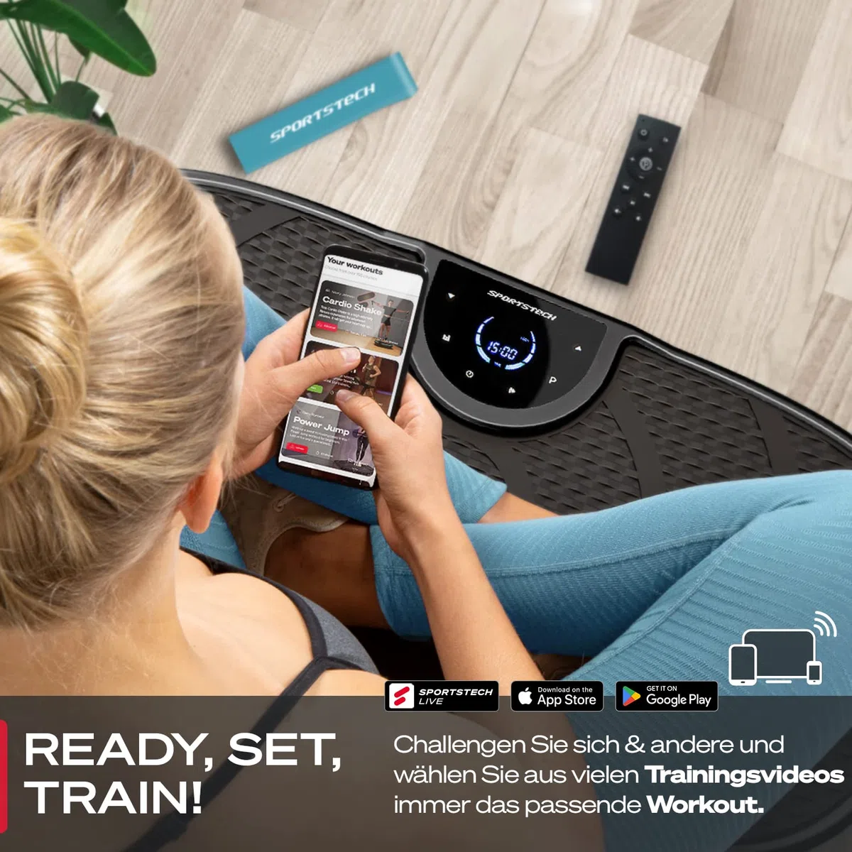 Sportstech VP250 Vibrationsplatte für Zuhause, Rüttelplatte für Frauen & Männer, Lymphdrainage, Fettverbrennung & Muskelaufbau, Ganzkörpertraining, leiser Motor, 200 W, 180 Stufen, Bluetooth