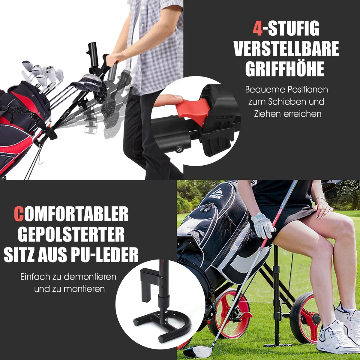 COSTWAY Golftrolley, Golf Trolley, Golftrolley 3 Rad Klappbar, Golfwagen Klappbar, Golf Cart, Golf Trolleys | mit verstellbarem Sitz & Griff & Halter für Schirm und Flasche