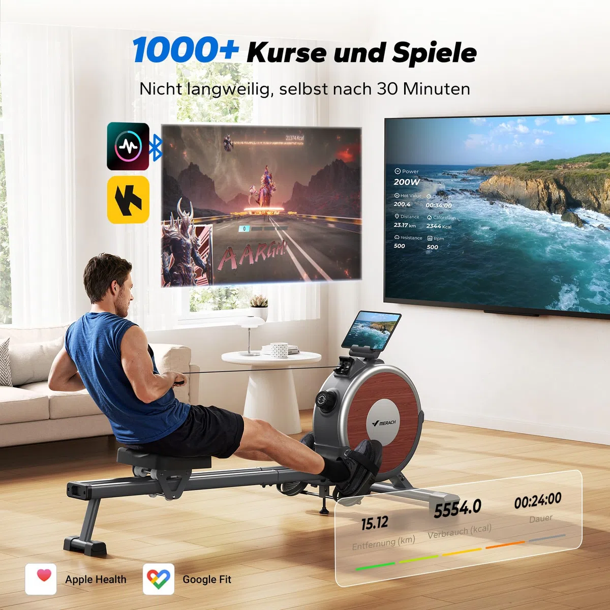 MERACH Rudergerät für Zuhause, 16 Widerstandsstufen, Leises Magnetisches Rudergerät, per App Verbindbar, Verbesserte Doppelschienen für Mehr Stabilität, Einfache Montage (Grau)