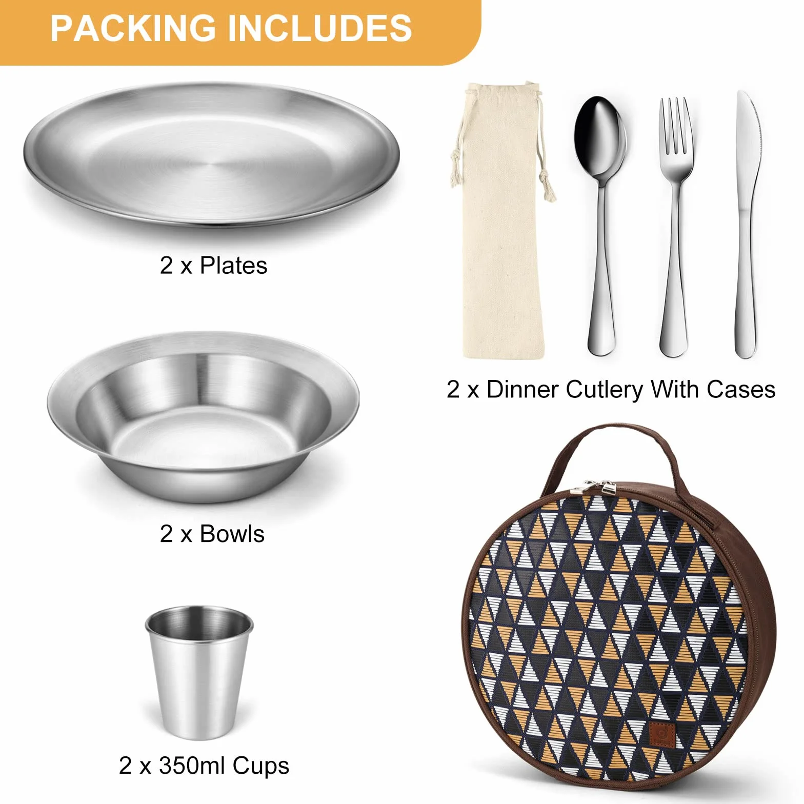 Odoland Campingbesteck Set Geschirrset 13 PCS aus Edelstahl Tafelservice mit Etui Messer Gabel Löffel Teller Kaffeebecher ideal für 2 Personen Outdoor Reisen Wandern Camping