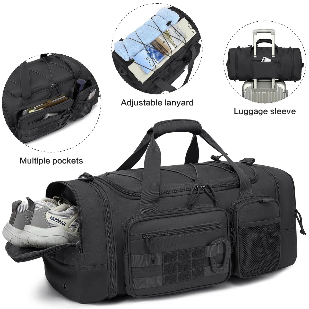 Taktische Reisetasche Sporttasche 40-45L Erweiterbar 3-in-1 Sporttaschen Herren Mittel mit Schuhfach Nassfach und Rucksackfunktion Trainingstasche Damen für Militär Fitness Gym Sauna, Schwarz