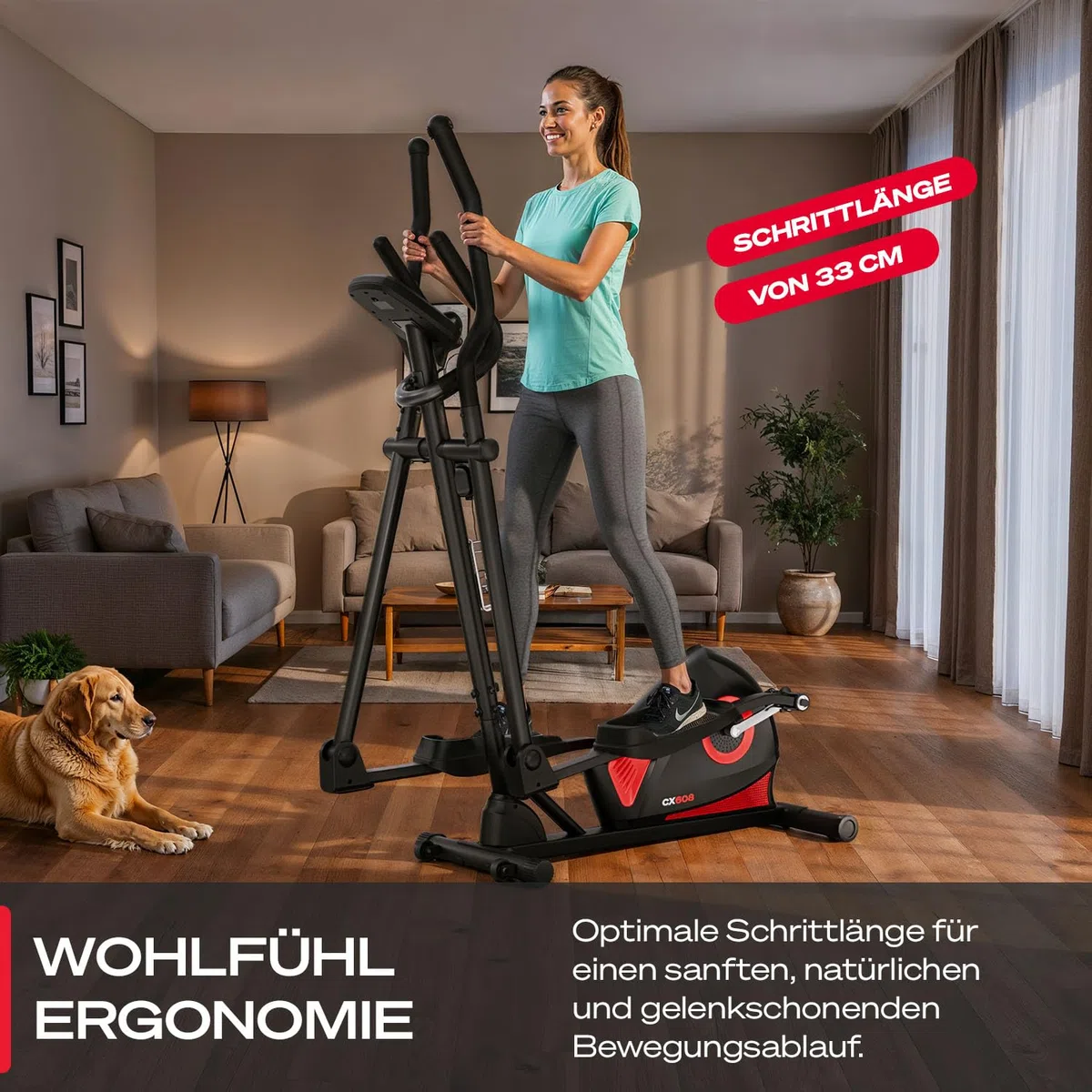 Sportstech CX608 Crosstrainer für Zuhause, leiser Ellipsentrainer mit 8 Widerstandsstufen, 10 kg Schwungrad, LCD Display, Pulssensor bis 120 kg, Fitnessgeräte für Zuhause