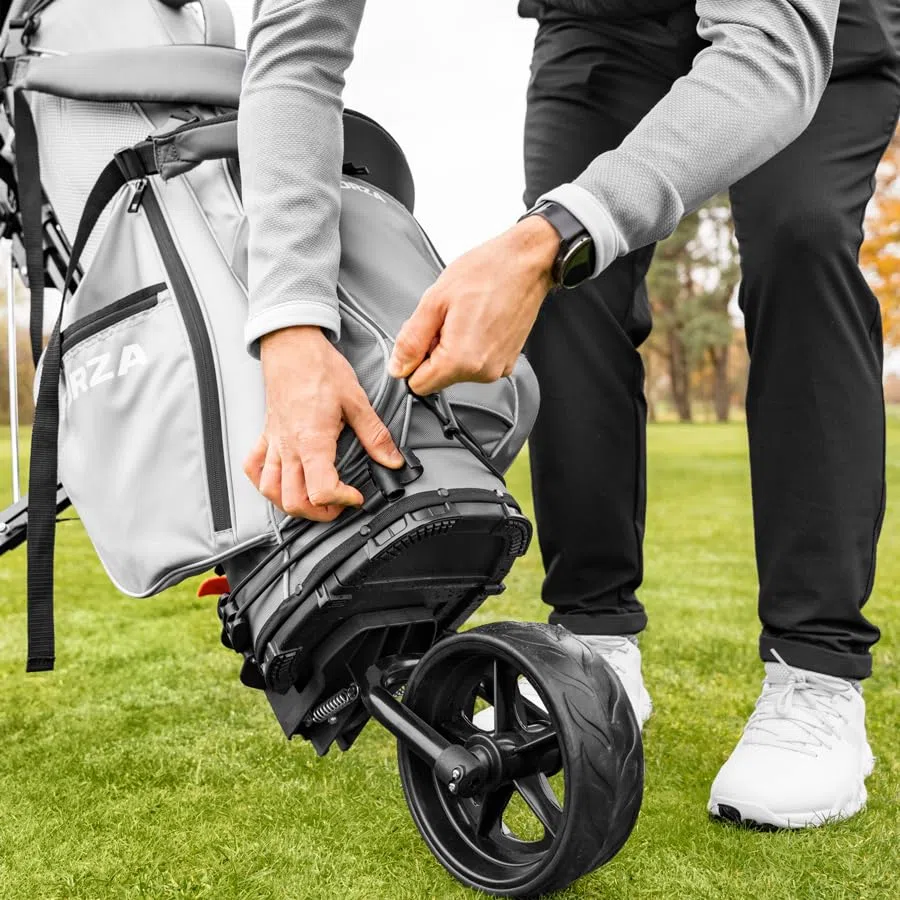 FORZA Golfwagen mit 3 Rädern | Leichter Aluminium Push Trolley mit ergonomischem Griff, Fußbremse & faltbarem Design | Kompakter Golftaschentransport | Optionaler Schirmhalter