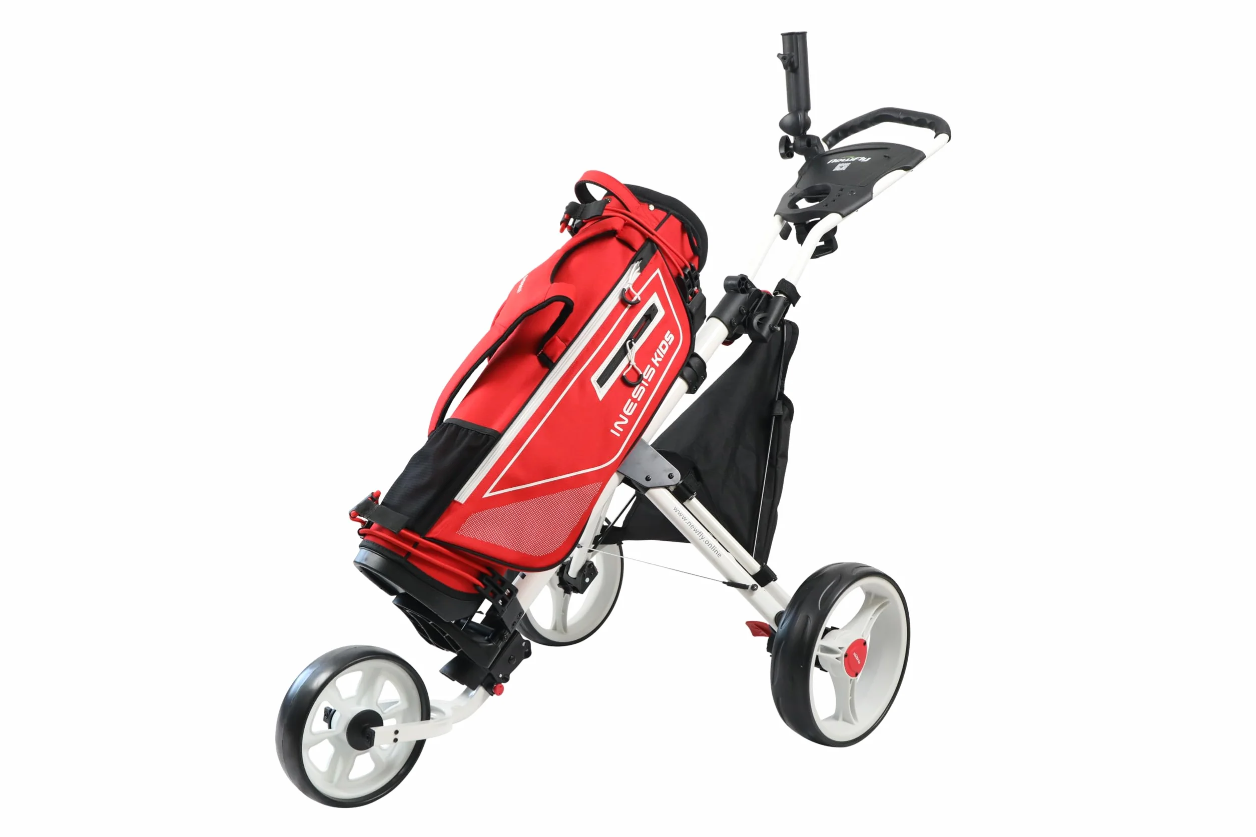 Newfly Golftrolley mit 3 Rädern, Ultraleicht, zusammenklappbar, mit Fußbremse, einfach zu öffnen und zu schließen, Golfwagen, mit Schirmhalter und Aufbewahrungstasche, Rot
