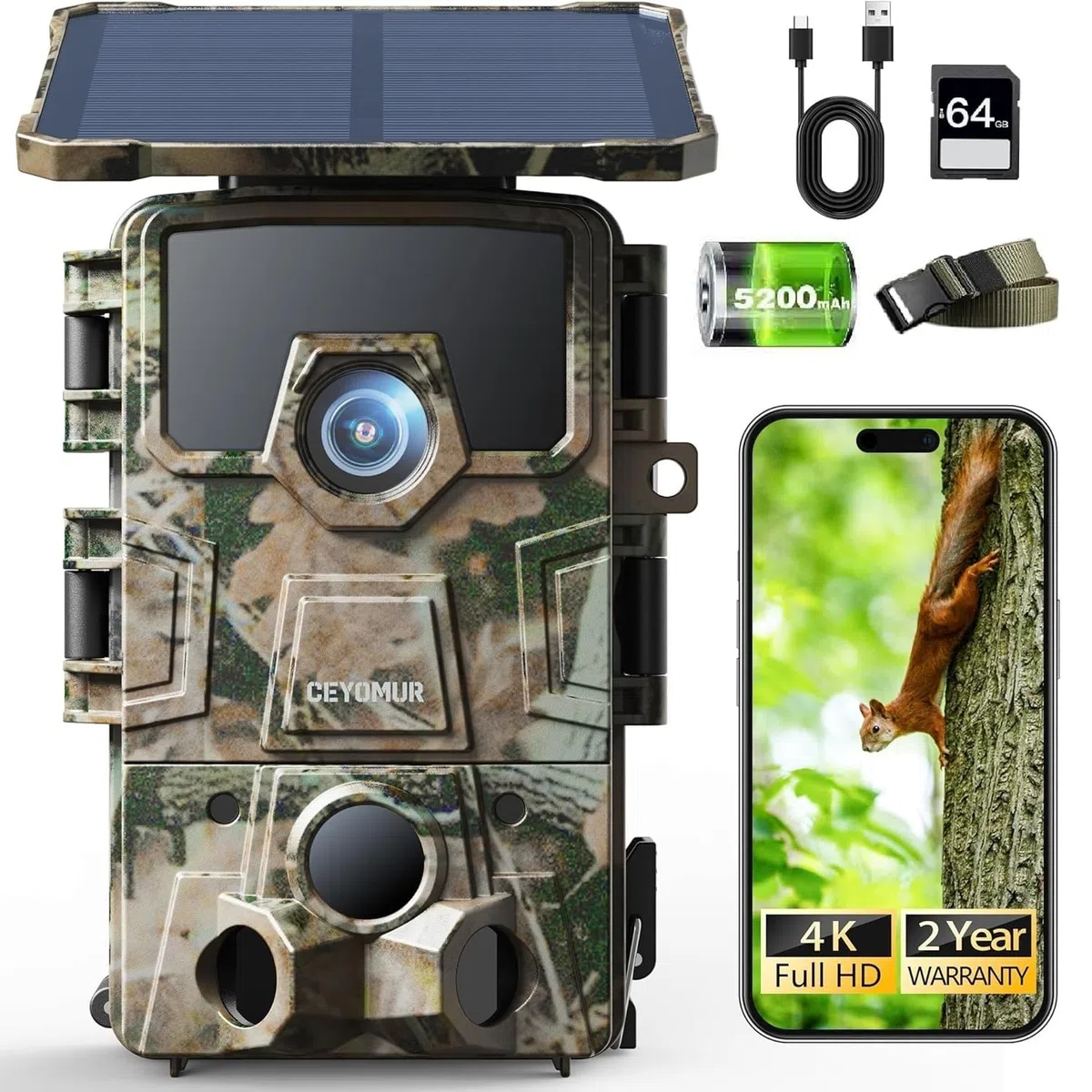 CEYOMUR 4K 30fps 64MP Wi-Fi 6 Wildkamera mit Handyübertragung App, 120° Erfassungswinkel, 0,1s Auslösezeit, 5200mAh Akku, 64GB SD-Karte, IP66 Wasserdicht