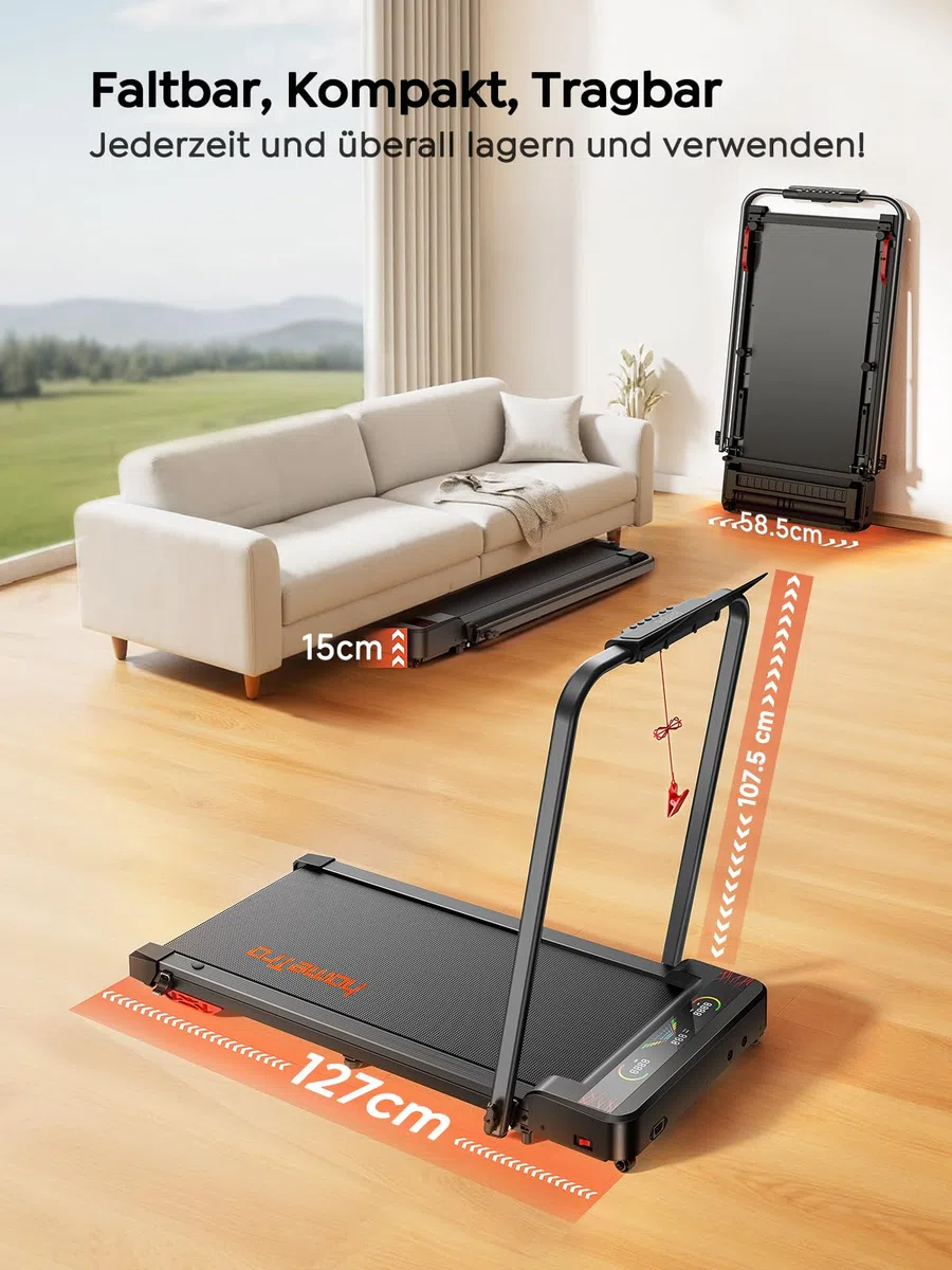 Klappbares Laufband mit Steigung für Zuhause & Büro – 9% manuelle Neigung, kein Aufbau nötig, All-in-1 Walking Pad für klappbar, 1–12 km/h, LED-Doppelanzeige, Walkingpad mit App & Fernbedienung
