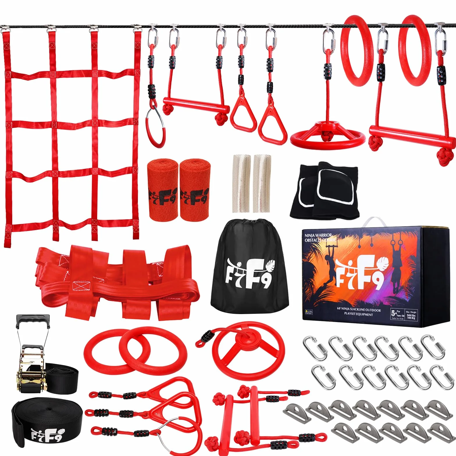 18 Meter Langer Ninja-Warrior-Hindernisparcours für Kinder – Slackine-Spielset mit Kletterstangen, Tragkraft 165 kg, höhenverstellbar, Trainingsgerät für drinnen und draußen im Garten