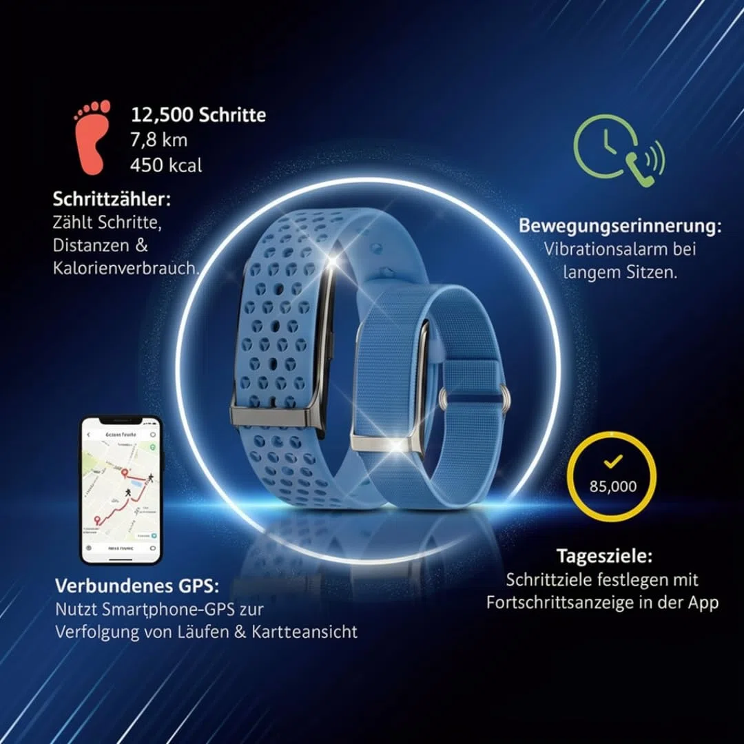 Smartband Fitness Tracker Premium (ohne Display) | Inkl. 2 Armbänder | Schrittzähler, Puls & Schlaf etc. | 20 Tage Akku, IP68 Wasserdicht | Damen & Herren | Android & iOS