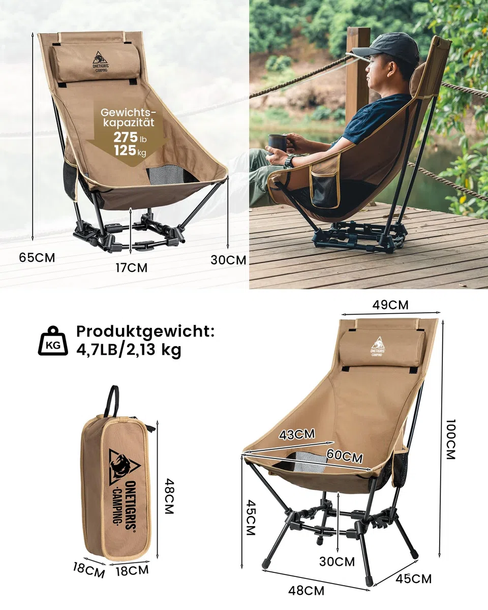 OneTigris DRAGONHIDE Campingstuhl Hochlehner faltbar 125 kg, Klappstuhl Camping leicht, Angelstuhl klappbar mit 2 Seitentaschen, Faltstuhl Ultraleicht für Outdoor, Wandern