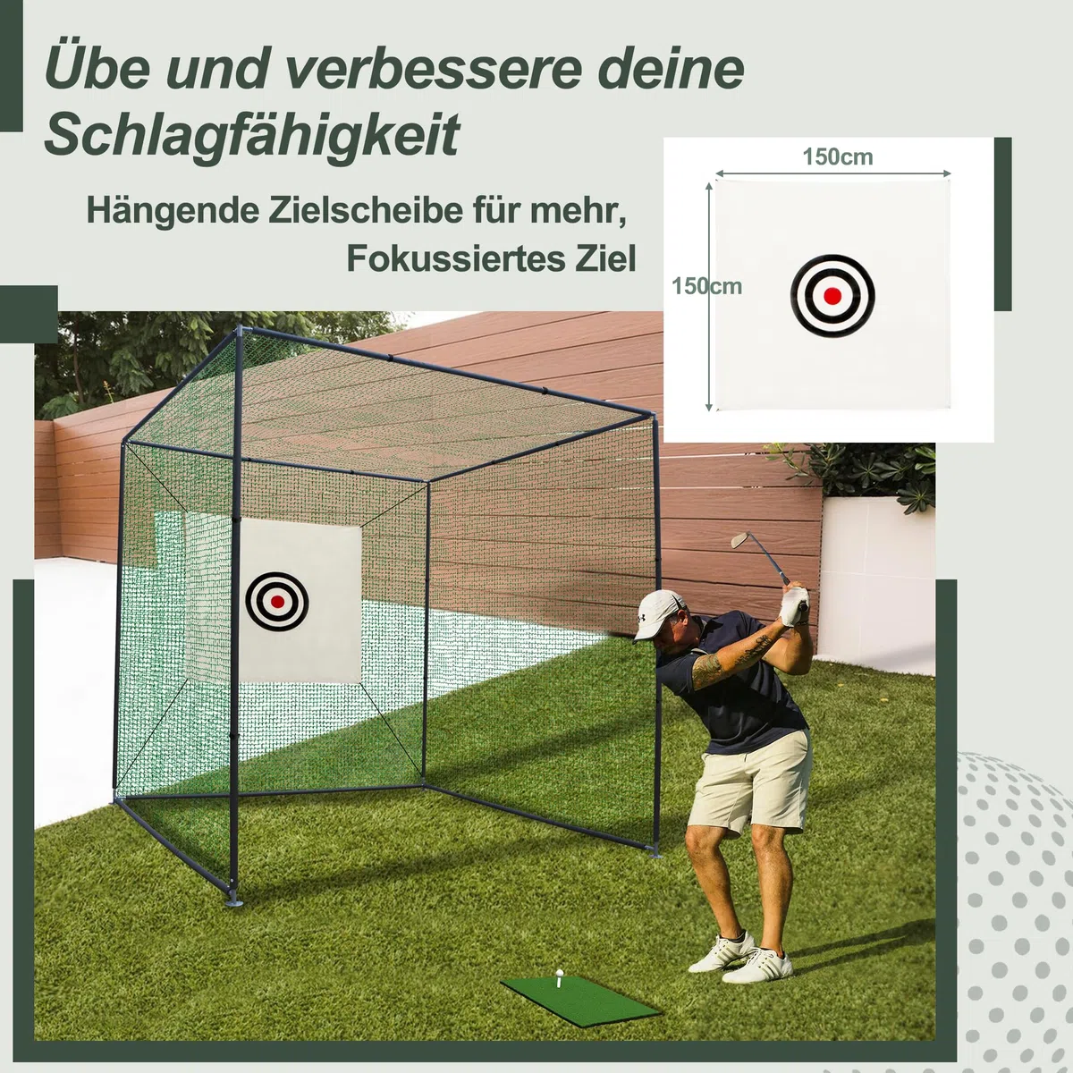 Thanaddo Golfkäfignetz 3m Freistehend Übungskäfignetz, Golfnetz Übunskäfig mit Ziel-Tuch und Übungsmattte