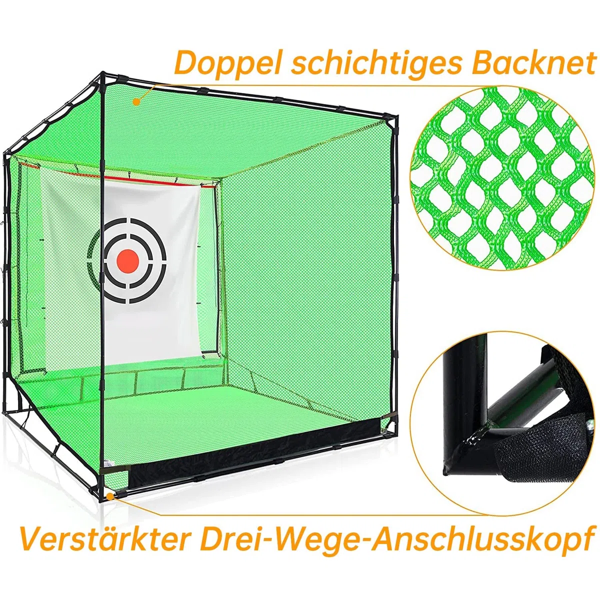 Kapler Golf Übungsnetz 2,1 x 2,1 m: Stabiles Golfnetz mit Stahlrahmen für Garten & Indoor, Schlagnetz für Driving & Chipping Training