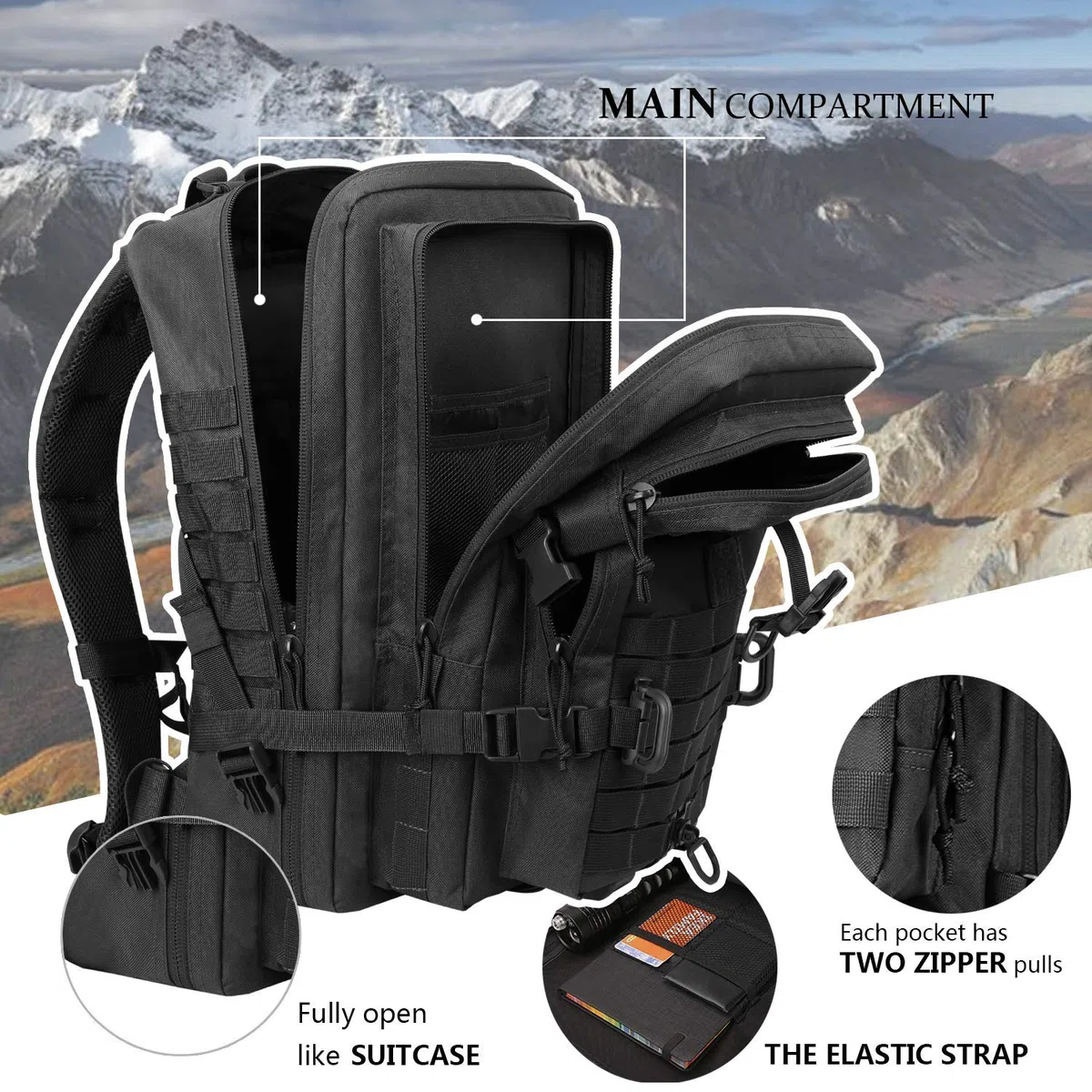 Hannibal Tactical Militär Taktischer Rucksack Cooper Rucksack Armee Assault Pack 3 Tage Bug Out Go Bag Trekking Wanderrucksack (40L,Schwarz-DE)