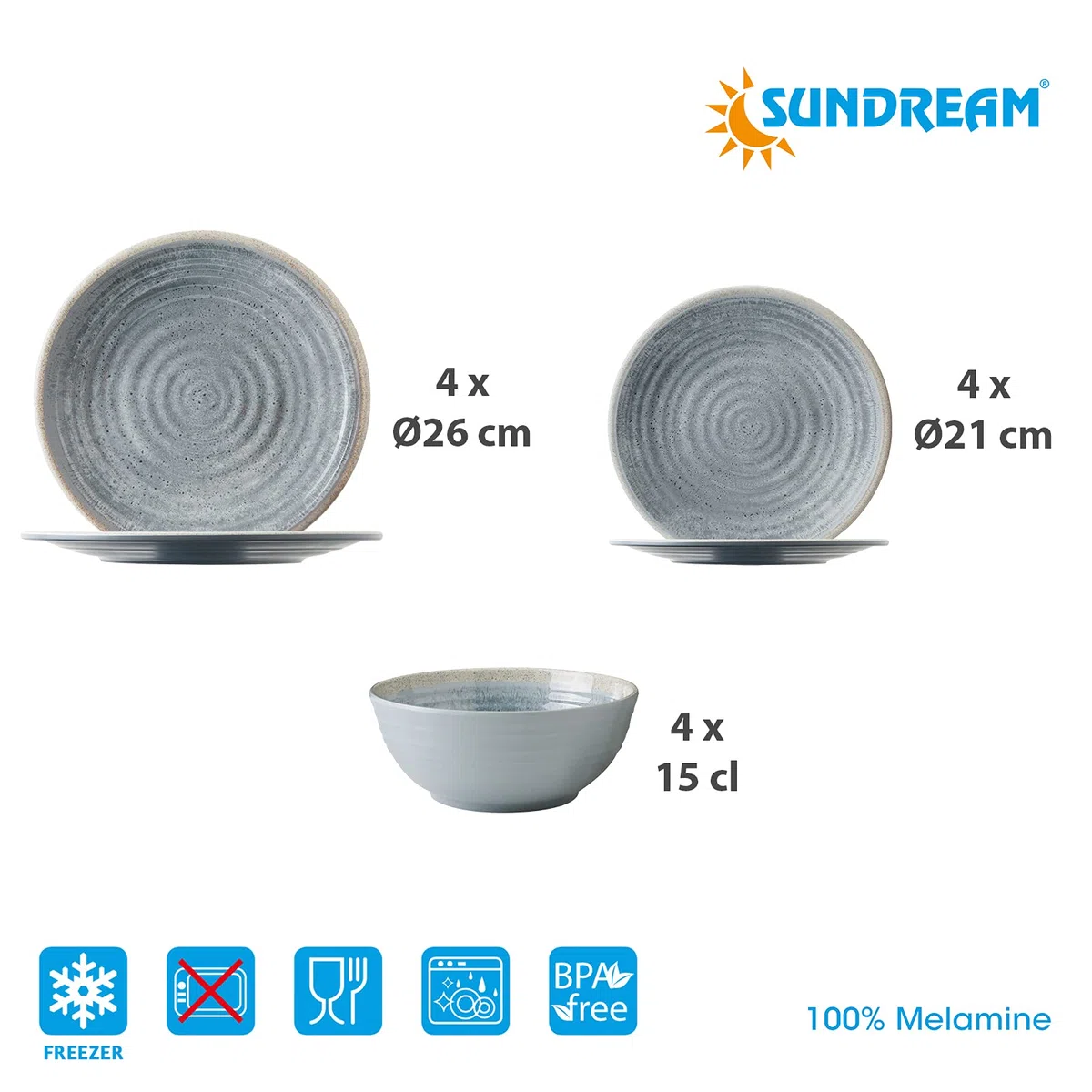 Camping-Geschirr Set Melamin 2-4 Personen | SUNDREAM Mirage 12, 16 oder 36 teilig | Teller, Schüsseln oder Becher | Ultra-Leicht, Bruchfest, Kratzfest & BPA-Frei, Vintage Stil in Blau