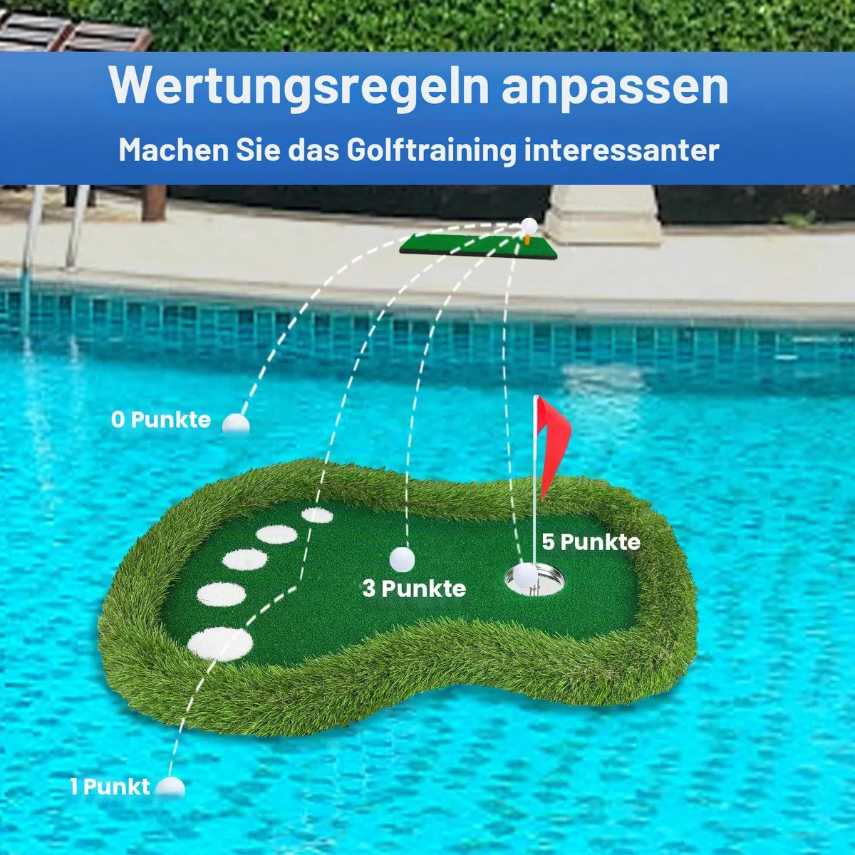 Schwimmendes Golfgrün für Pool, schwimmende grüne Matte mit Ball-Riever für Pool/See, kein Driften, schwimmendes Golf-Putting-Rasen-Spiel-Set für Golfer