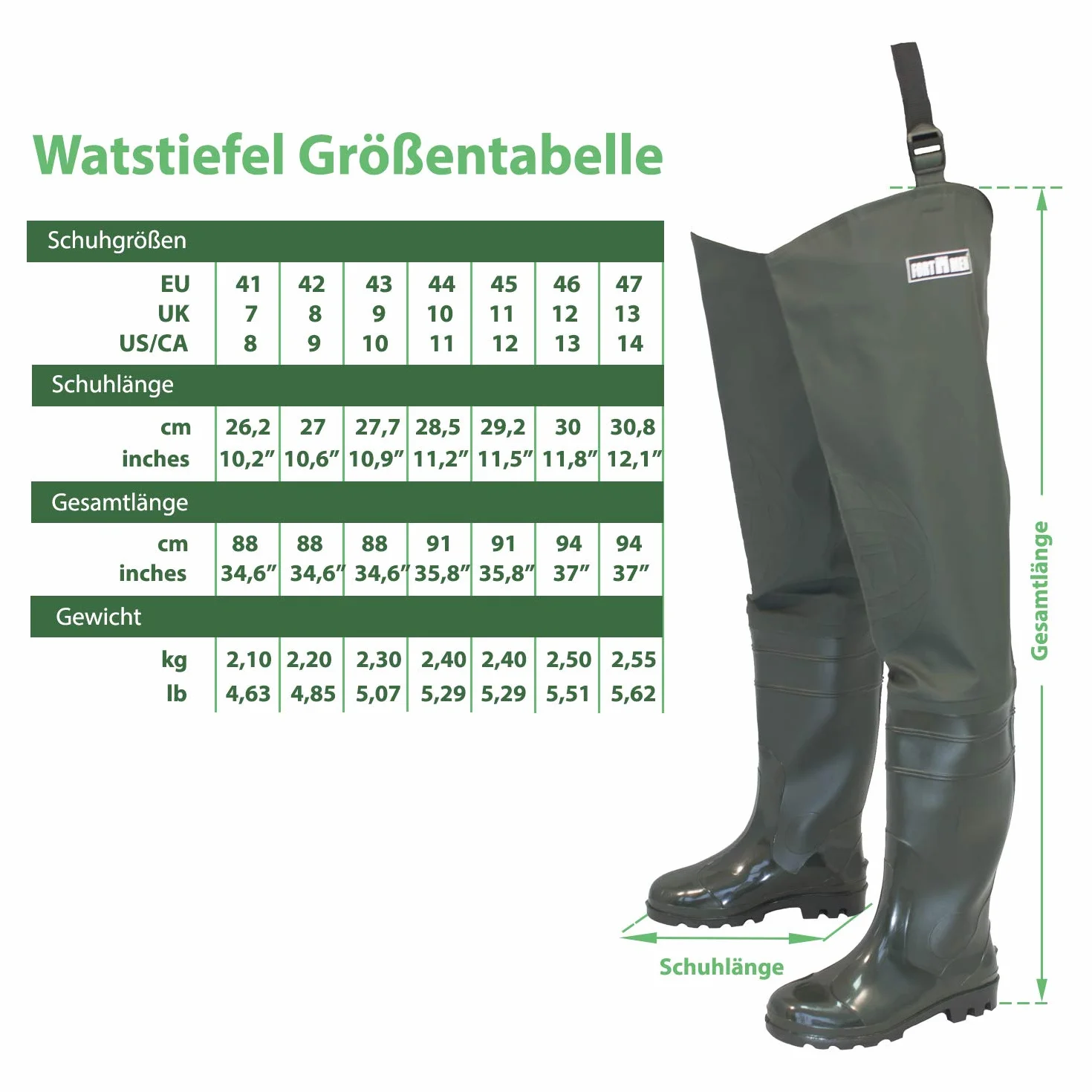 Watstiefel Herren Anglerhose mit Stiefel wasserdichte Wathose Größe Gr. 38-47 Lange Watthosen Gummistiefel Fishing Boots Angel