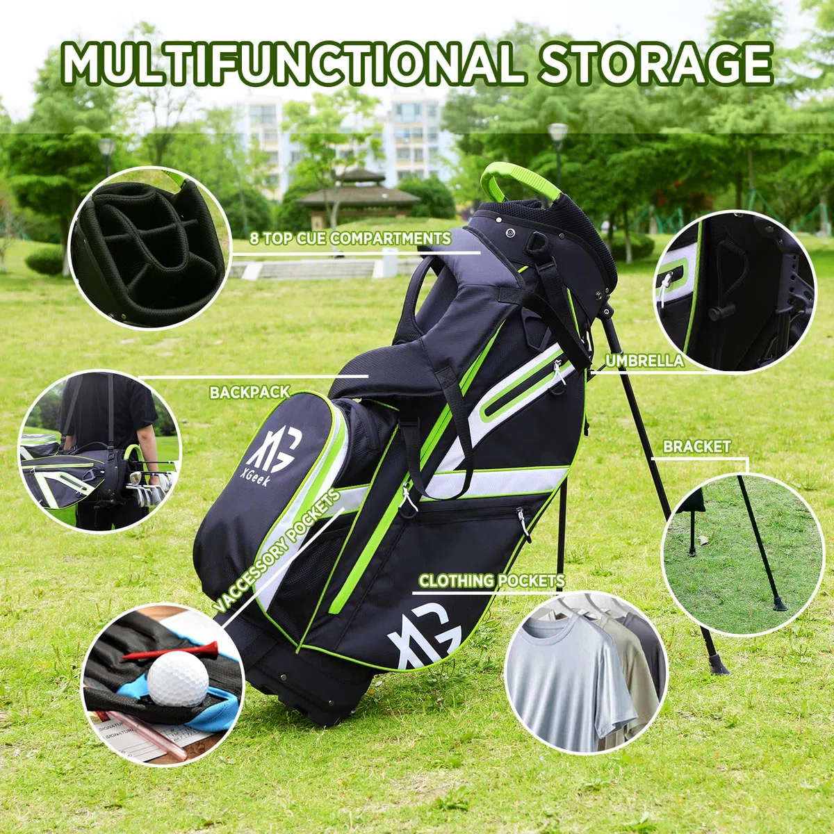 XDriveMax Golfbag, leichtes Golf standbag mit 8-facher Unterteilung für Herren und Damen,Premium Golf Bag mit Regenhülle, Kühlfach und Golfzubehör Kit