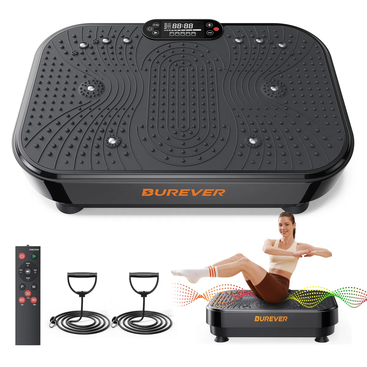 Vibrationsplatte, Burever Vibration Plate 150W, Leise Fußmassage, Muskelaufbau und -formung, 99 Intensitätsstufen, 5 Trainingsprogramme, Fernbedienung, Widerstandsbänder