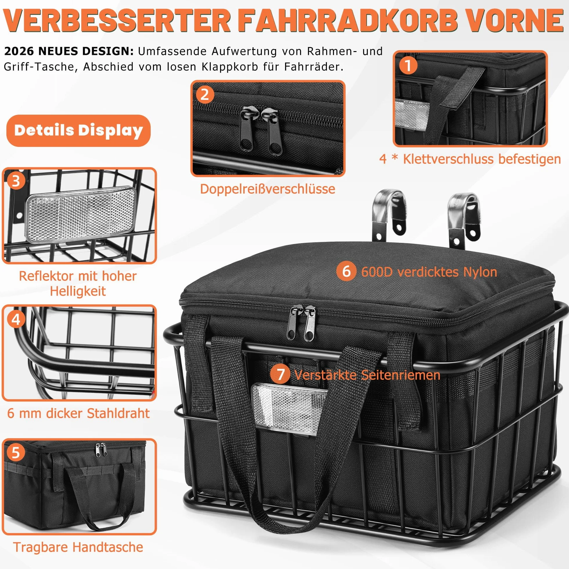 CDYWD Fahrradkorb Vorne für mit Herausnehmbarer Innentasche, Groß Lenkerkorb Fahrrad Herren & Damen, Korb Fahrrad Vorne für Ebike, Scooter, Mountainbike, Rennradfahren, Citybike, Beach Cruiser