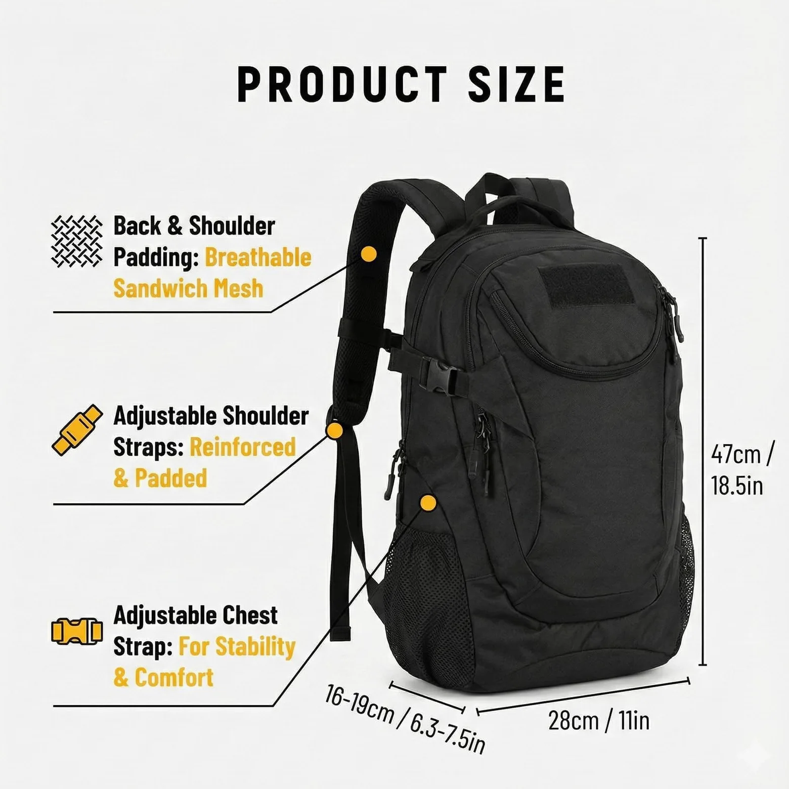 VINBAGGE Rucksack Molle Taktische Motorrad Wanderrucksack Outdoor Wasserdicht Trekkingrucksack 25L Campus Jagdrucksack Schulrucksack Jungen Daypack für Herren Damen Schwarz