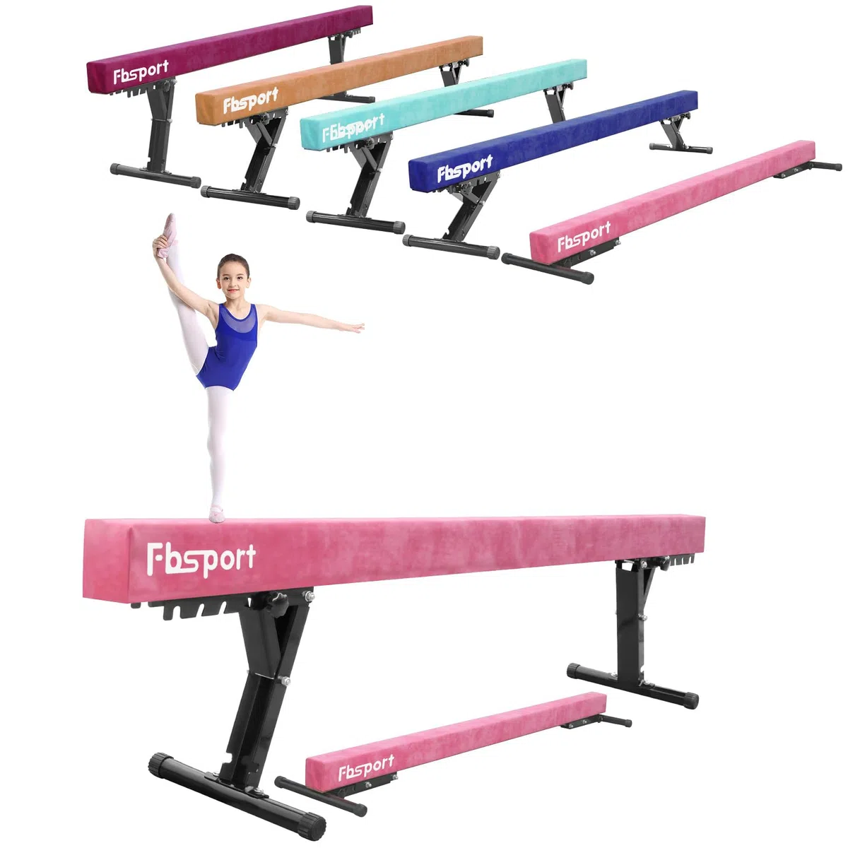 FBSPORT schwebebalken Kinder schwebebalken für zuhause schwebebalken höhenverstellbar Gymnastik Balance Beam 244CM, 5 Höhen Einstellbare High und Low Level Stabile Floor Beam Gym Trainingsgeräte