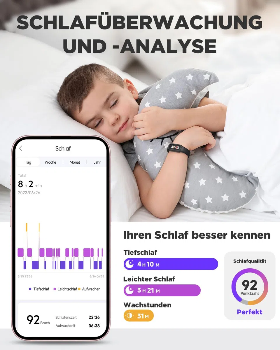 BIGGERFIVE Vigor 2 L Fitness Tracker Uhr Kinder, Fitnessuhr mit Aktivitätstracker, Schrittzähler, Pulsuhr, Schlafmonitor, Kalorienzähler, IP68 Wasserdicht Kinderuhr für Junge Mädchen, Schwarz