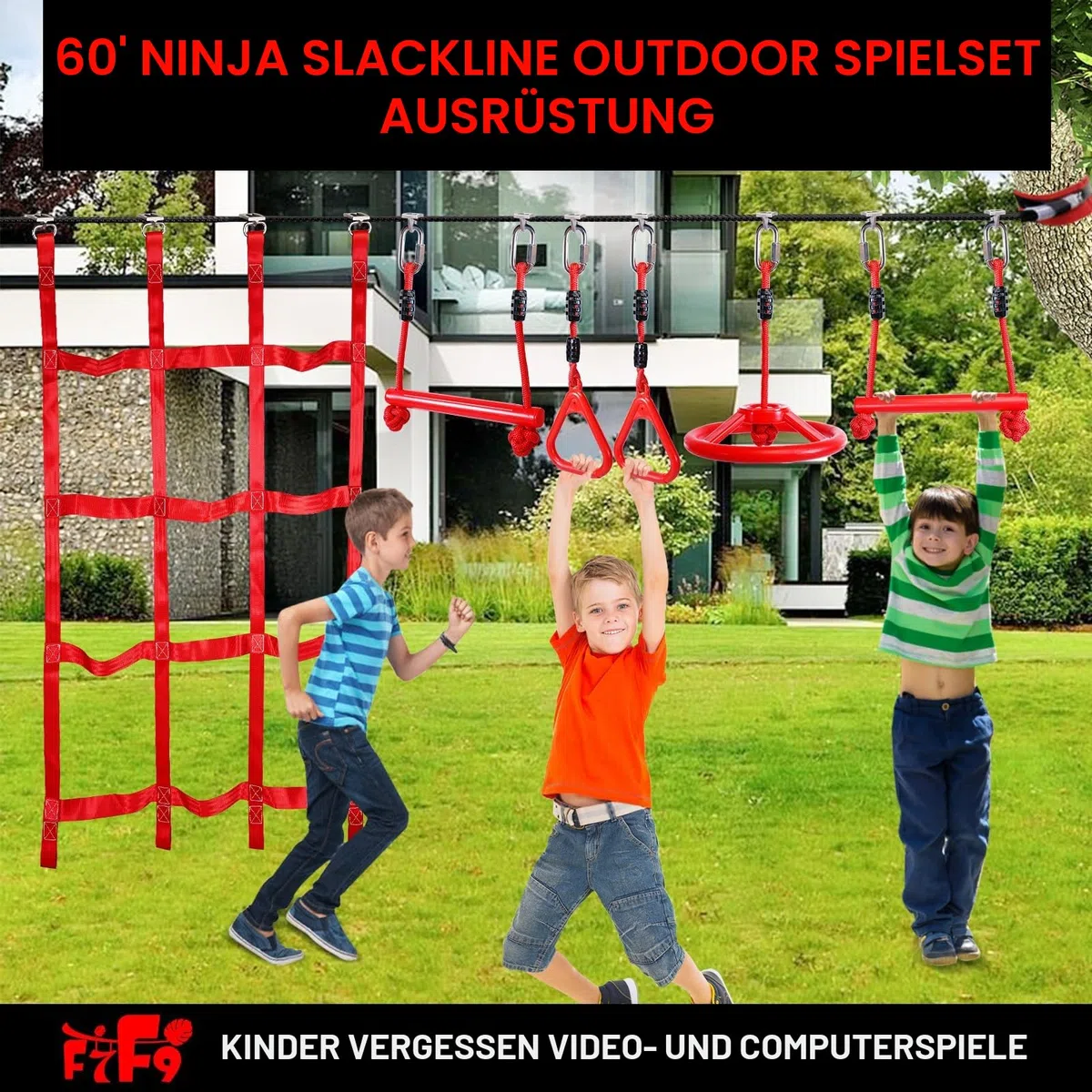 18 Meter Langer Ninja-Warrior-Hindernisparcours für Kinder – Slackine-Spielset mit Kletterstangen, Tragkraft 165 kg, höhenverstellbar, Trainingsgerät für drinnen und draußen im Garten