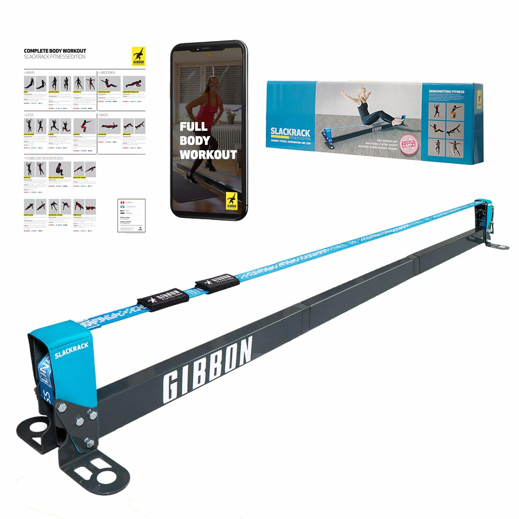 Gibbon Slacklines Slackrack Fitness Edition, grau/blau, Aufbaulängen: 2 oder 3 Meter, mit 2 Handgriffen, Stretchband und Übungsposter, Höhe: 30 cm, Breite: 2 Inch 5 cm