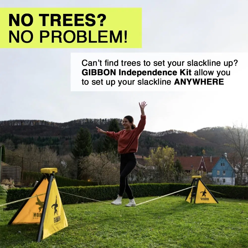 Gibbon Slacklines IndependenceKit Classic für Slacklinen ohne Bäume - Witterungsbeständig, Balance und Spaß mit Trampolin-Effekt, inkl. Slackframes, Bodenschrauben und Anleitungen