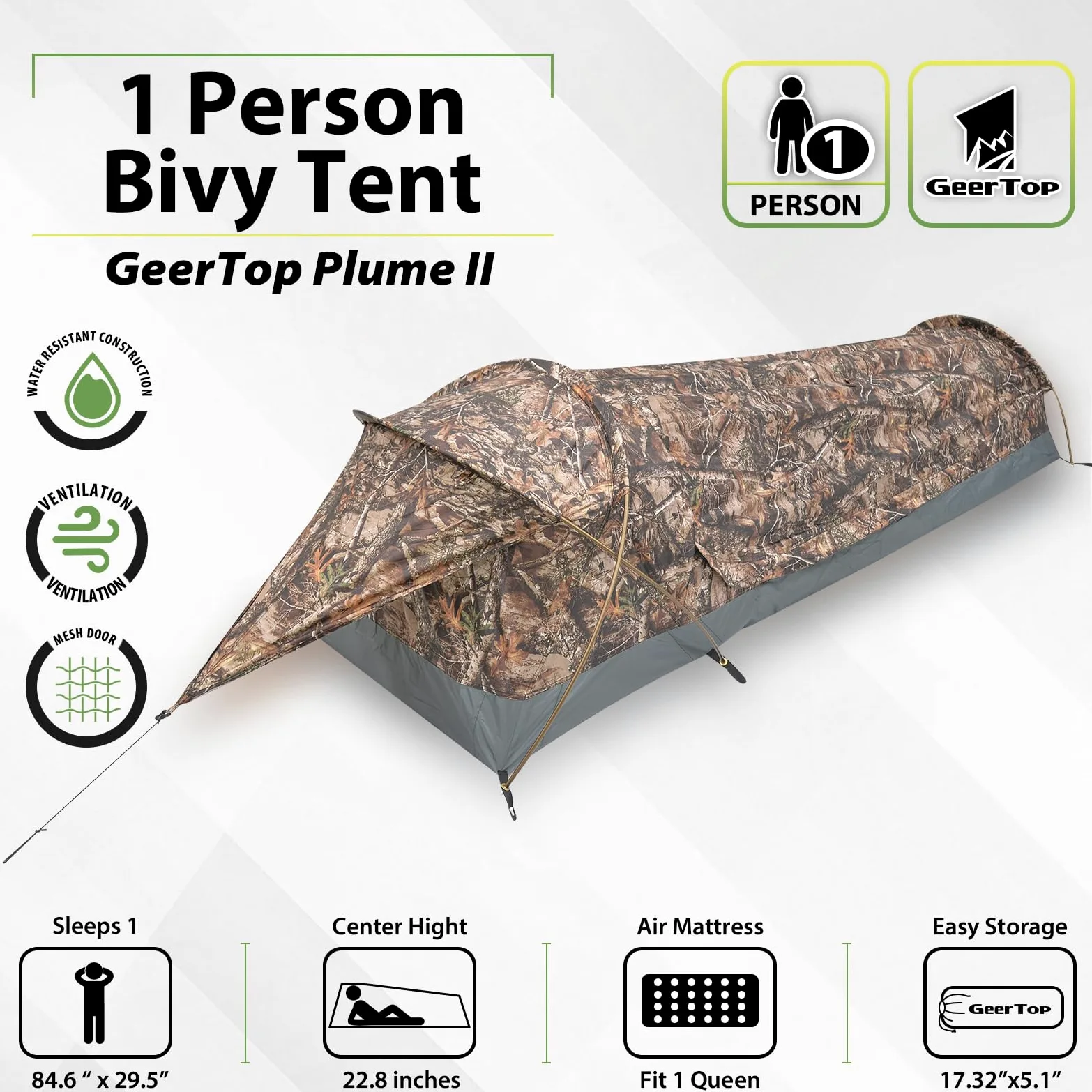 GEERTOP Ultraleichtes Kompakt-Biwaksack für 1 Person, wasserdichtes und kleines Bivy Zelt, schnell aufgebautes Trekkingzelt, geeignet für Wandern, Rucksackreisen, Camping, Bergsteigen, Partys