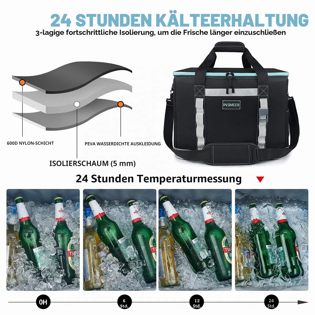 INSMEER 48L Kühltasche Gross Faltbare, 65 Can Kühltasche Thermotasche Isoliertasche für Getränke, XXL Wasserdicht Hitzebeständig Einkaufstasche für Ausflug, Picknic, Camping, Wandern, Strand