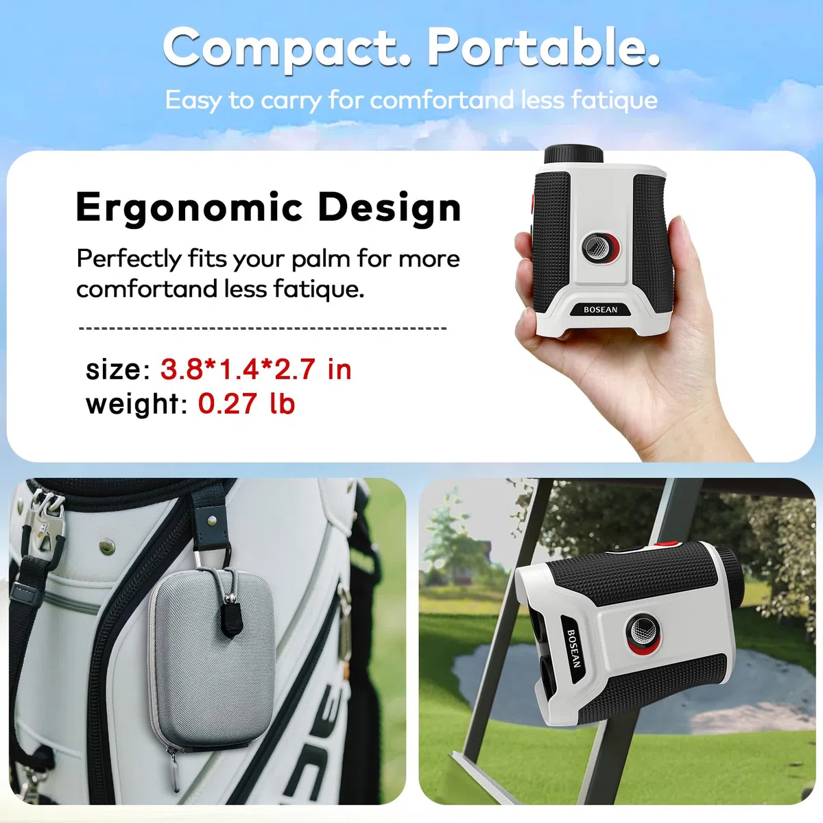 BOSEAN Golf Entfernungsmesser mit Steigungsschalter, Pin Schloss & Vibration, Magnetischer und Scanmodus mit 7X Vergrößerung und HD-Objektiv, 1200 Yards wiederaufladbarer Rangefinder Golf