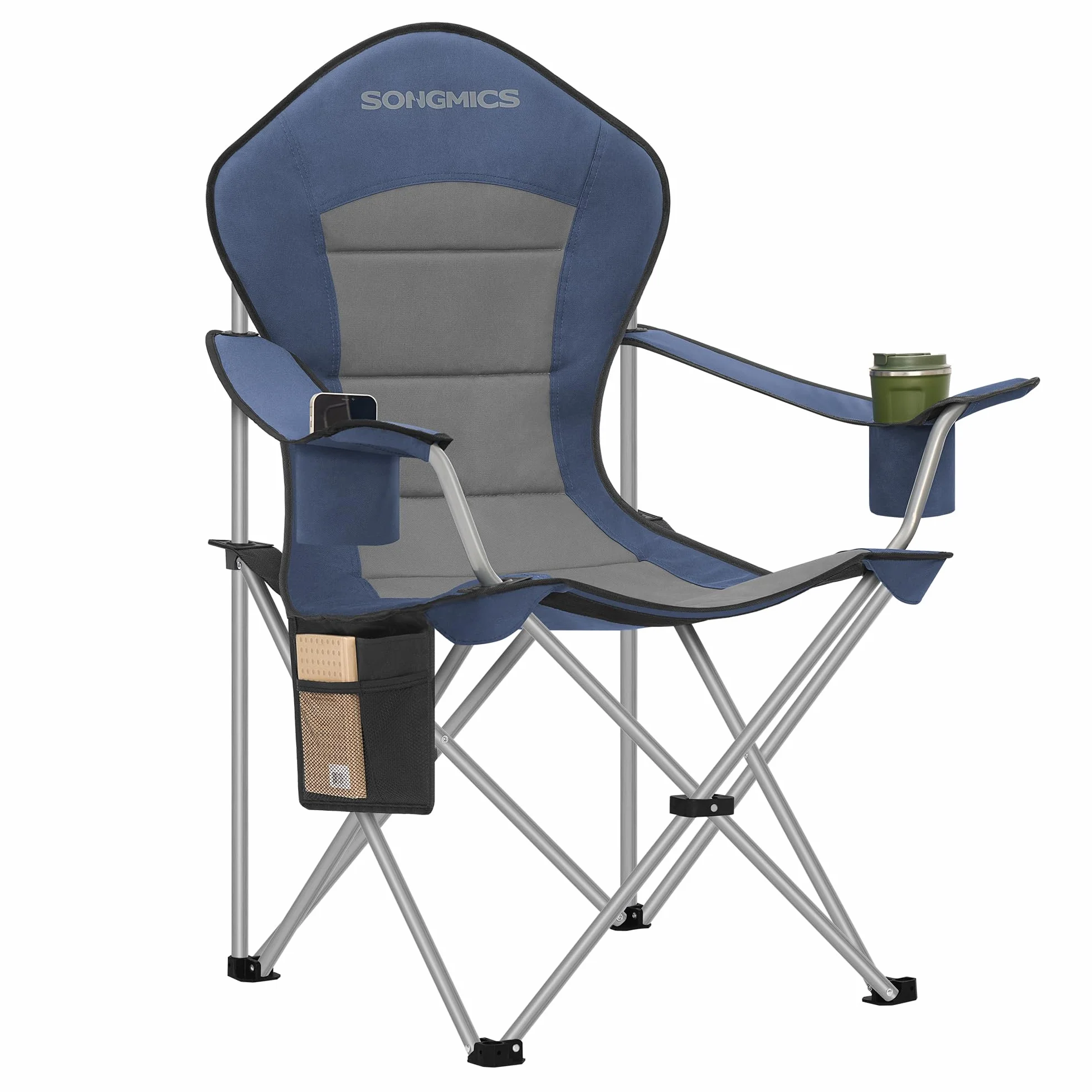 SONGMICS Campingstuhl, klappbar, Klappstuhl, breiter Sitz, hohe Rückenlehne, Outdoor-Stuhl, tragbar, Outdoor-Stuhl, mit Getränkehalter, Handyhalter, Stoff-Organizer, blau-grau GCB005QE01