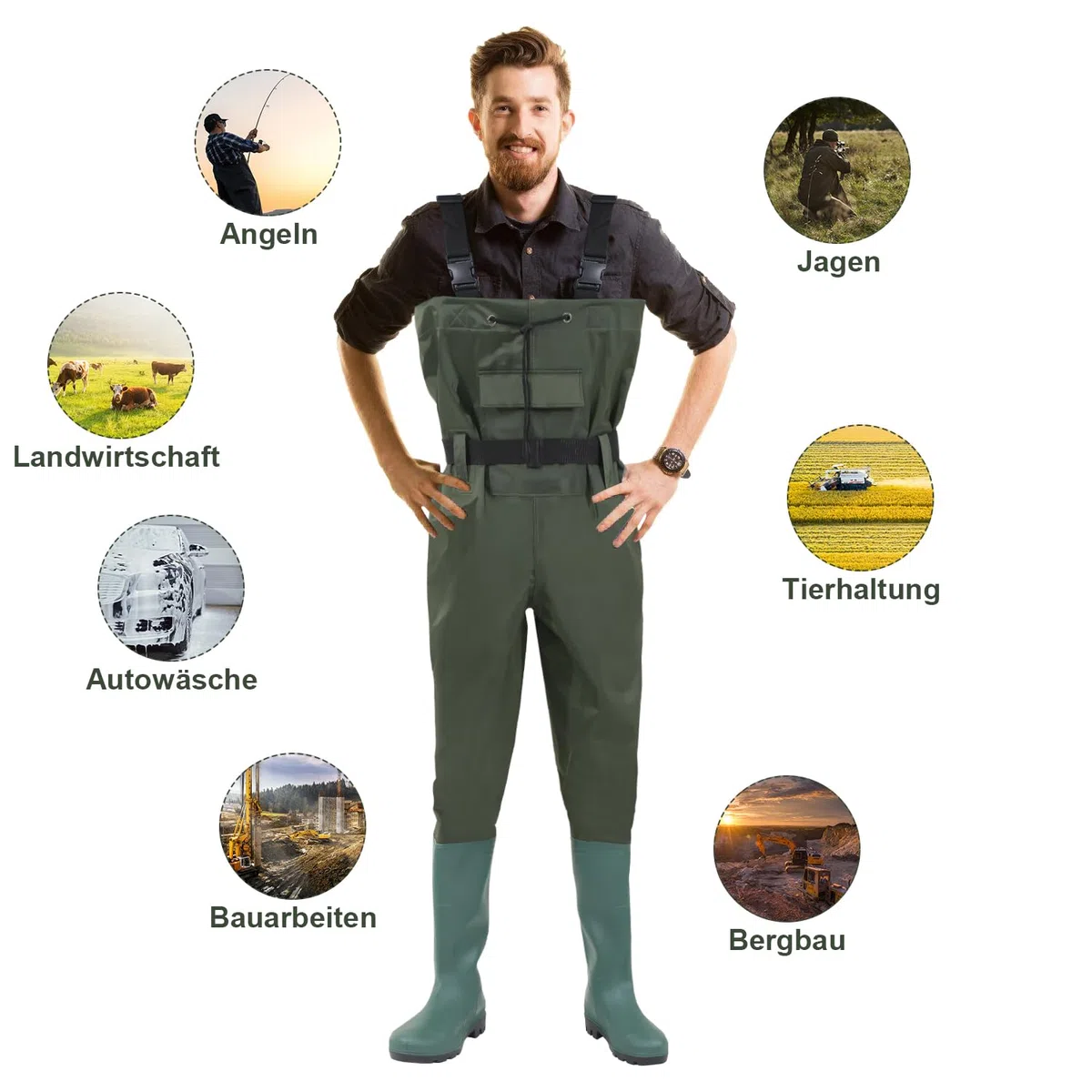 Wathose Herren, Anglerhose 70D Nylon mit Stiefe, PVC Watthosen Wasserdichtl mit Haken, Angelhose mit Verstellbarer Schultergurt, Fischerhose für Baustellen, Gärten