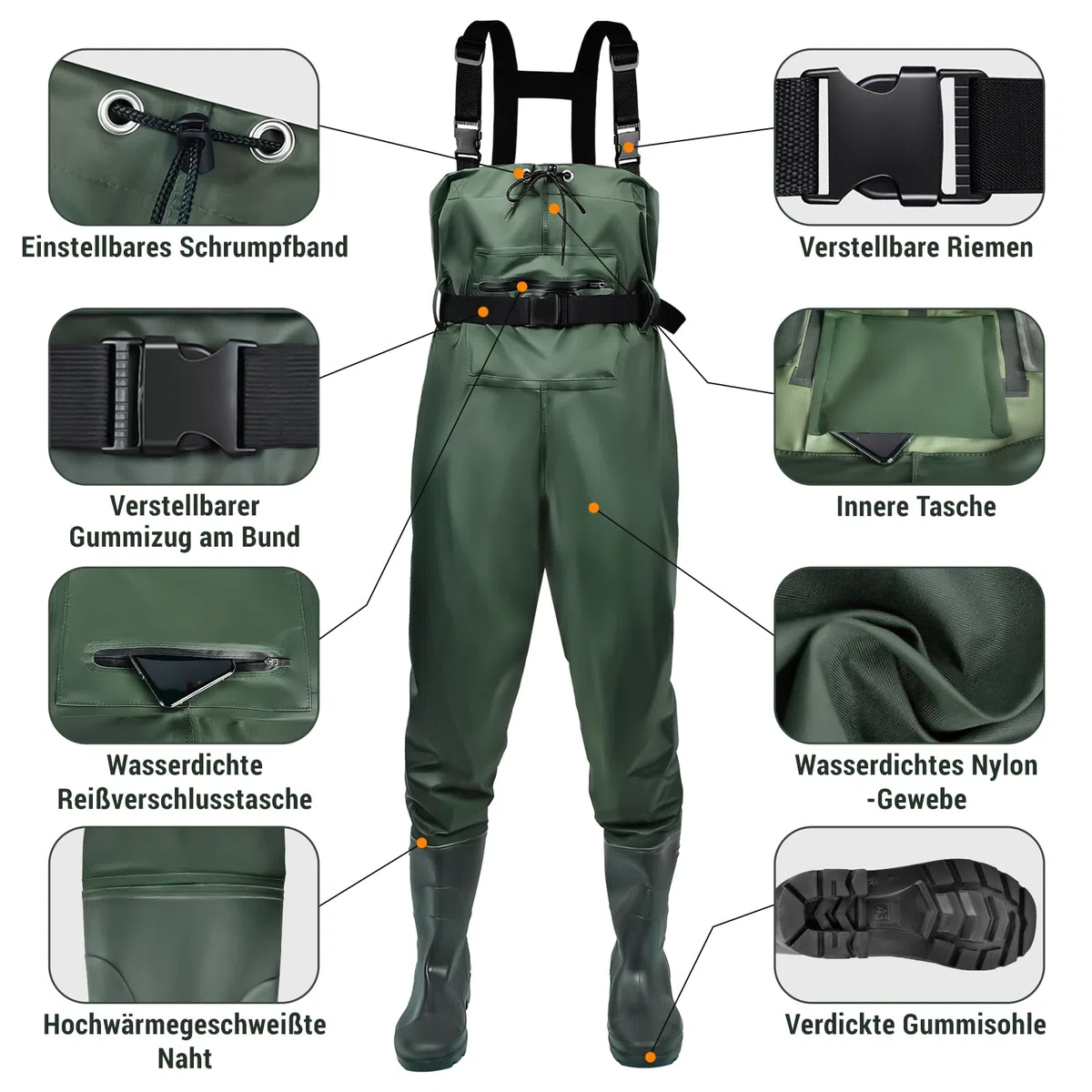 IEEILULU Wathose Herren Damen, Nylon Anglerhose mit Stiefel, rutschfest wasserdichte Watthosen Atmungsaktive Wathose mit Stiefeln, Watstiefel Hose für Sport Angelliebhaber