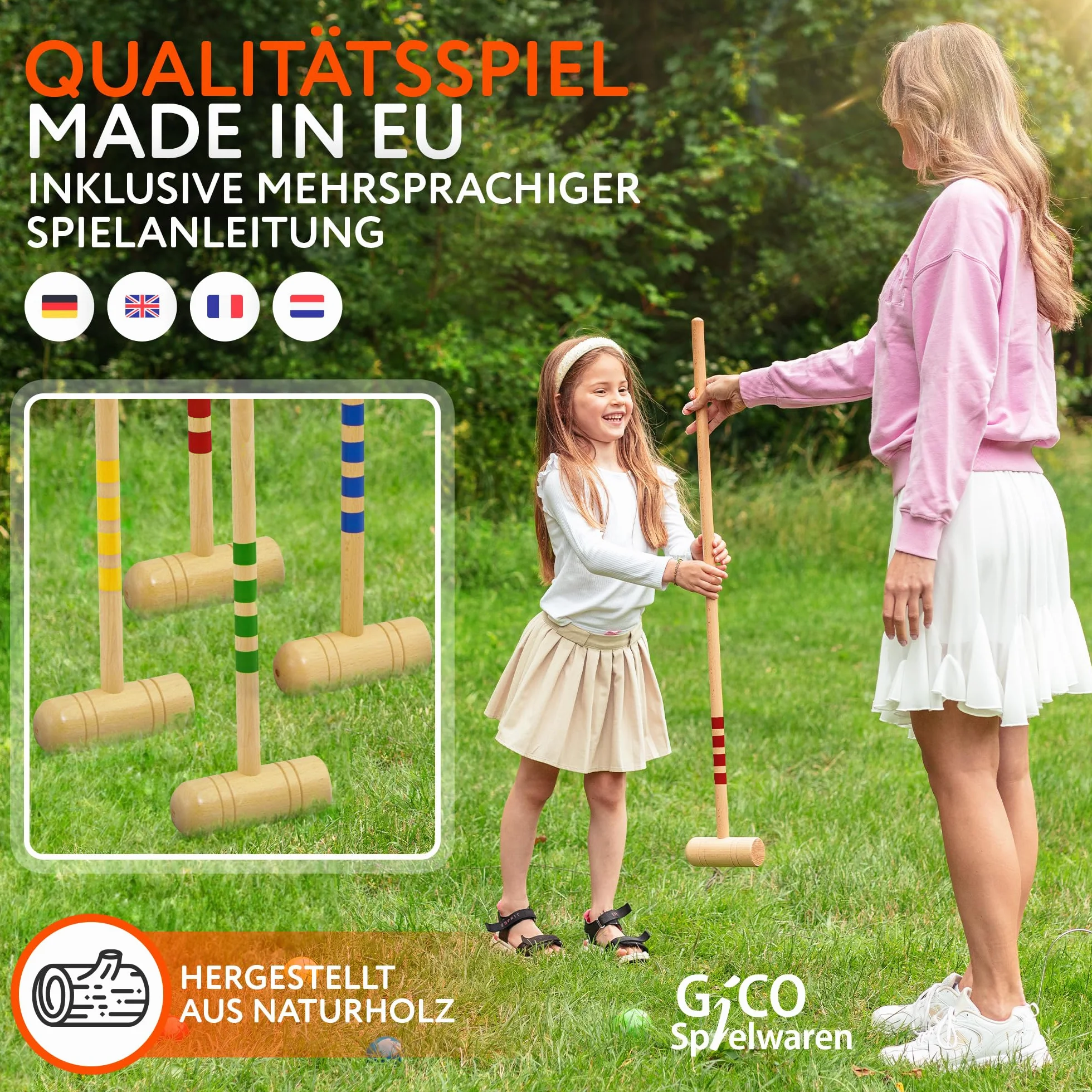 Qualitäts Krocketspiel / Krocket / Crocket für 6 Spieler (100 cm Erwachsenengröße) mit Transporttasche - Spiel gut (Auszeichnung) - Qualitätsware aus Massivholz für die ganze Familie -Made in EU-3246