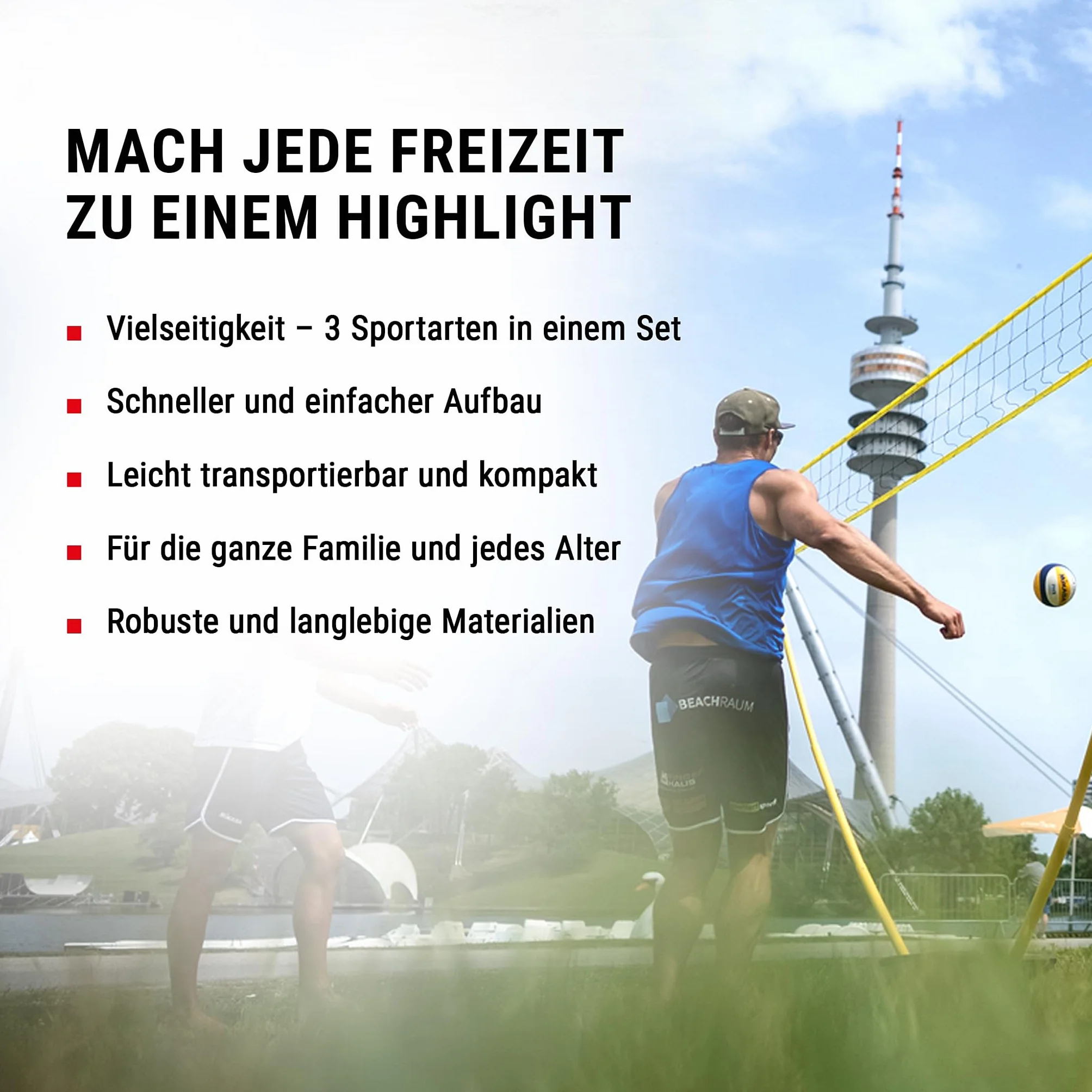 HAMMER 3 in 1 Netz Set für Volleyball, Badminton & Tennis, Spaß für jung und alt, mit Tragekoffer/Pfostenständer, leichter Aufbau, schnell verstaut und leicht transportiert