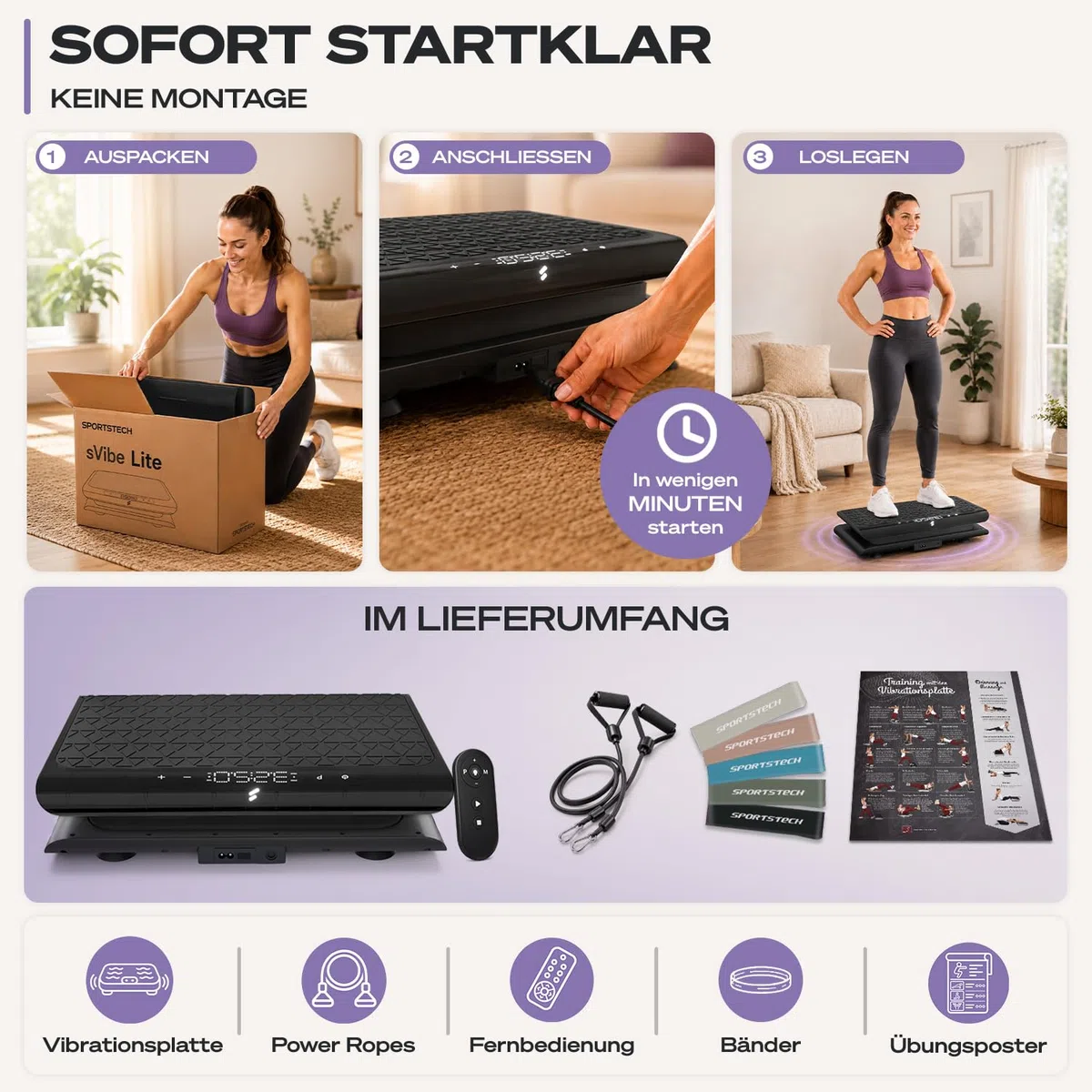 Sportstech Vibrationsplatte für Zuhause | Abnehmen, Fettverbrennung & Muskelaufbau | Oszillation, 99 Intensitätsstufen, Bluetooth-Fernbedienung | leiser Motor bis 120 kg | Trainingsbänder | sVibe Lite