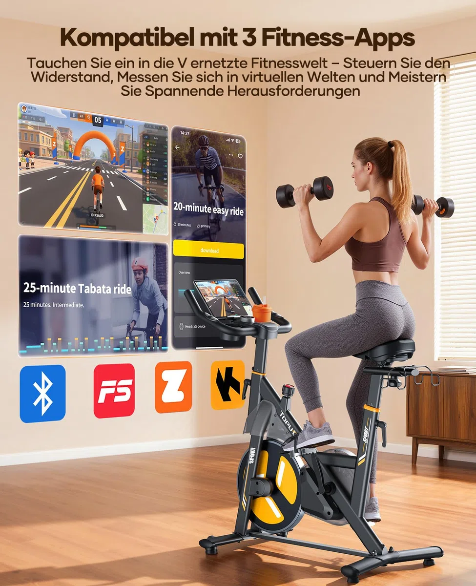 Toputure Neu Heimtrainer Fahrrad mit Elektr. LED-Touchmonitor & App, Herzfrequenzmessung, 32 Elektr. Magnetwiderstand Hometrainer, Leiser Ergometer, Dopp. Flaschenhalter, Langhantelständer, Bis 150kg
