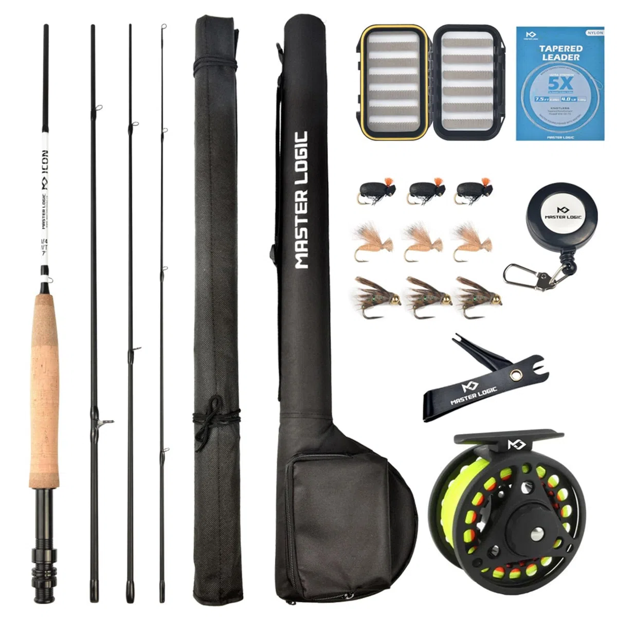 Kombi-Starter-Set für Fliegenfischen und Angelrolle, mit Leichter Fliegenbox, Angelfliegen und Aluminium-Druckguss-Rolle, Tragetasche und Zubehör