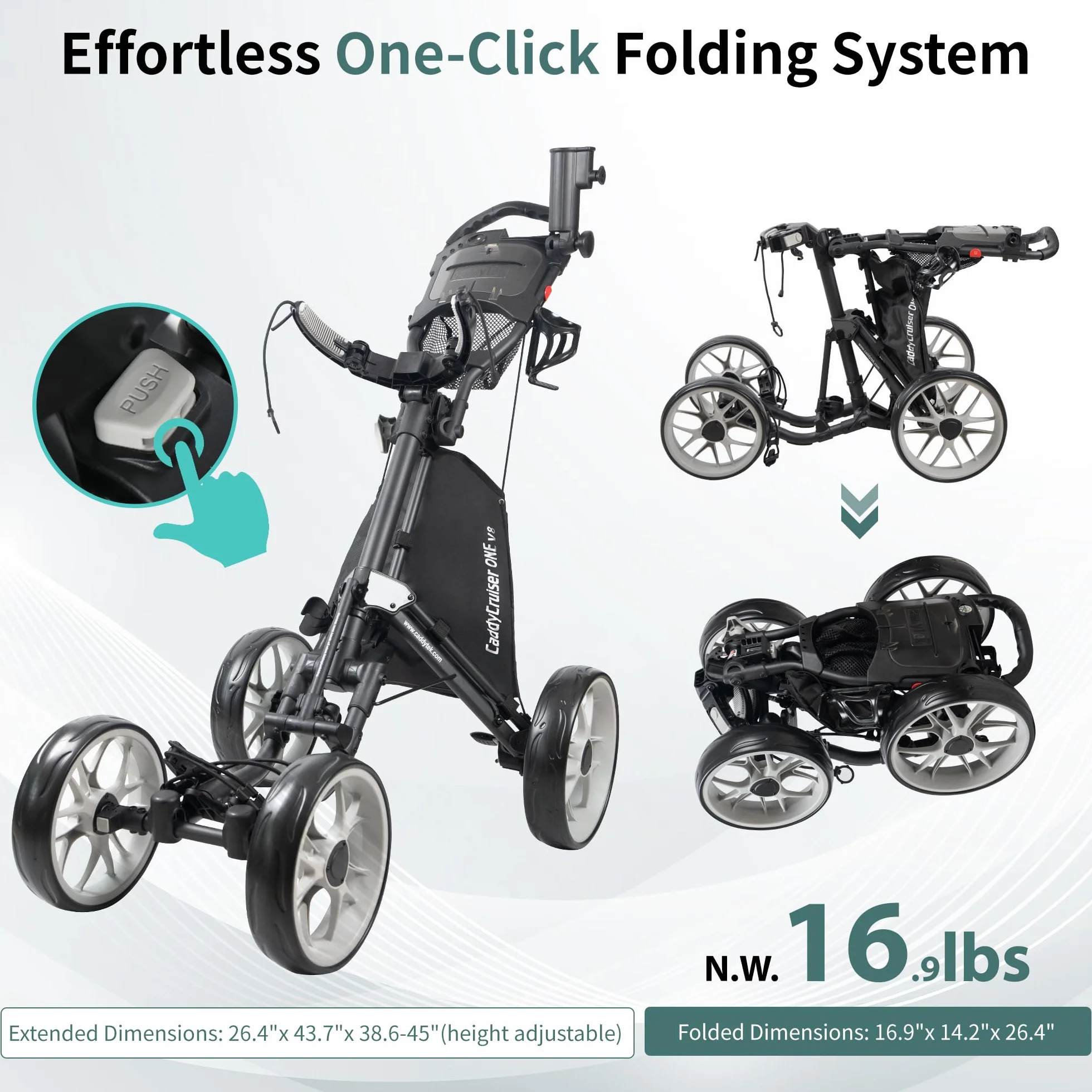 CaddyTek Caddycruiser One Version 8 1-klick-Klappwagen mit 4 Rädern, leicht, kompakt, leicht zu öffnen