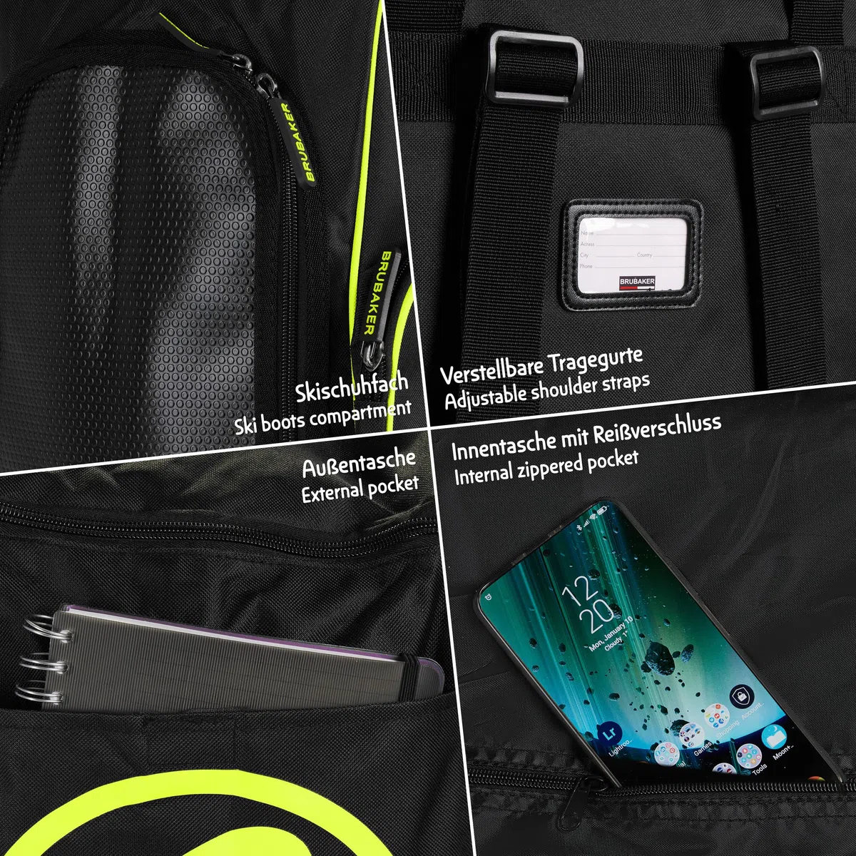 BRUBAKER Super Champion Skischuhtasche Helmtasche Rucksack mit Schuhfach - Schwarz/Neon Gelb