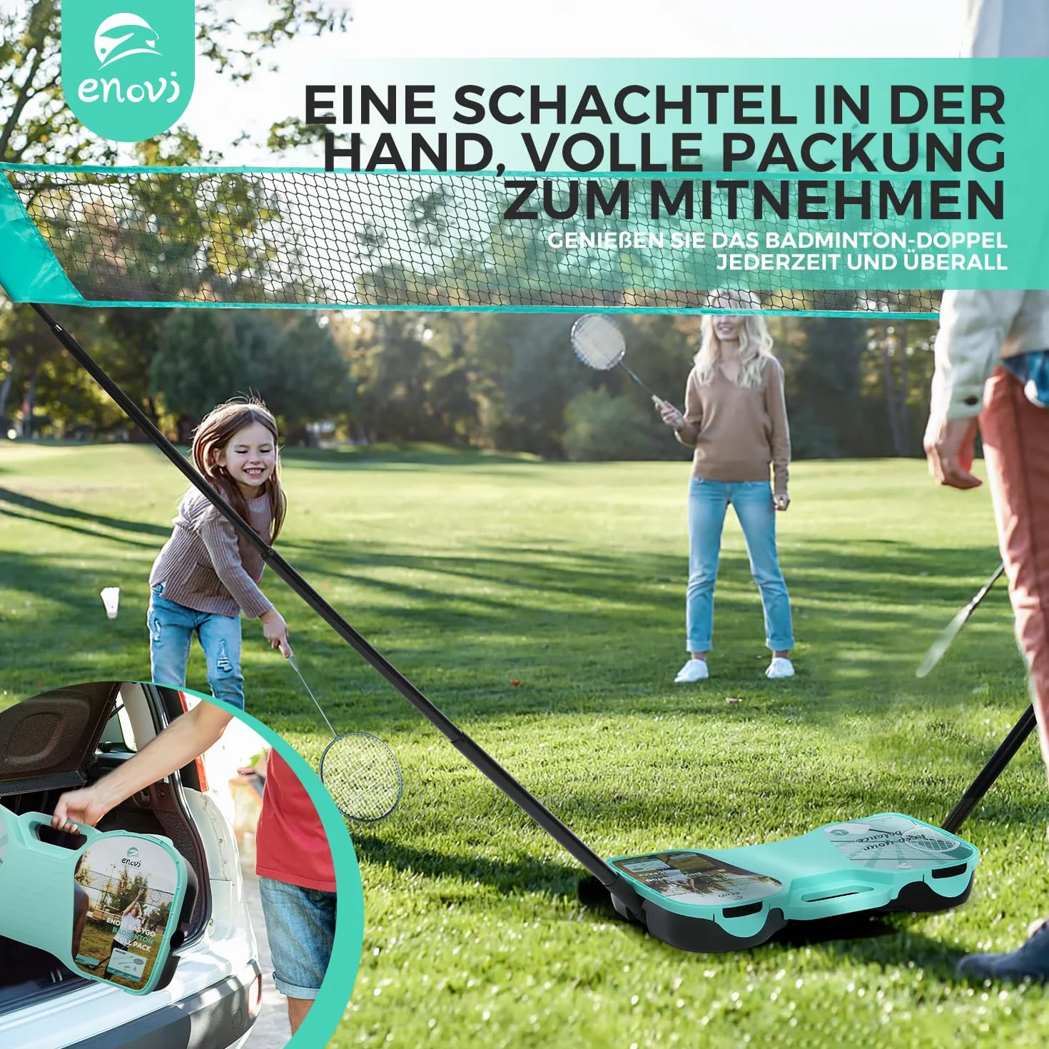 EasyGo Federball Set, Badminton Set mit 4 Schläger, Badminton Netz, 4 Federball, Tragbare Aufbewahrungsbox